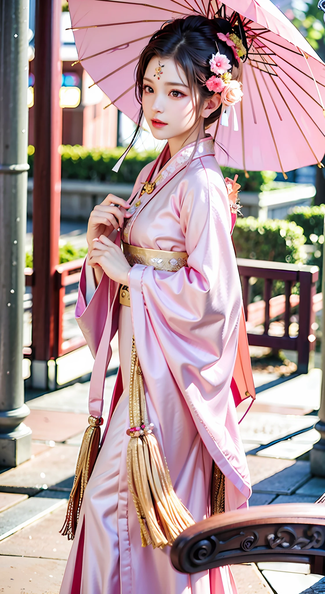 Woman in pink dress standing on the sidewalk next to ancient building with pink umbrella, Hanfu, long and beautiful Hanfu, Hanfu, pale and colorful Hanfu, palace, Hanfu girl, Chinese costume, cheongsam, pale pink and gold Hanfu, wearing ancient Chinese clothing, flowing cherry blossom silk shy, shy, lens flare, Surrealism, Surrealism, depth of field, cinematic lighting, cinematic lighting, textured skin, textured skin, textured skin