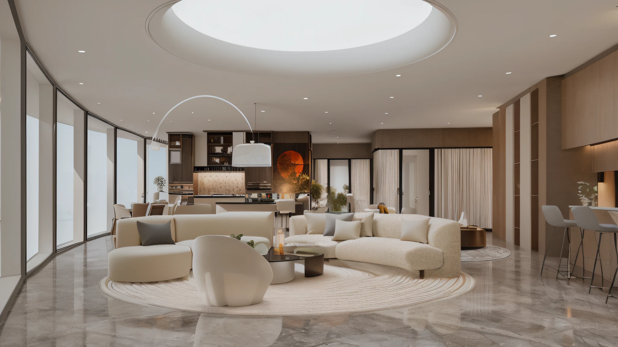 Arafeld living room with round sofa and table, round ceiling, excellent 3D rendering, crazy detail rendering, Enscape rendering, highly photographic rendering, 3D rendering style, vertigo 3D rendering, high quality rendering, very detailed rendering, highly detailed rendering, rendering in Unreal Engine 6, professional rendering, rendering in Enscape. High-end living room. Simulates daytime natural light. 8K HD indoor morning rendering. Outside the window are tall buildings. Add a transparent gauze curtain. Natural light. Color coordination.