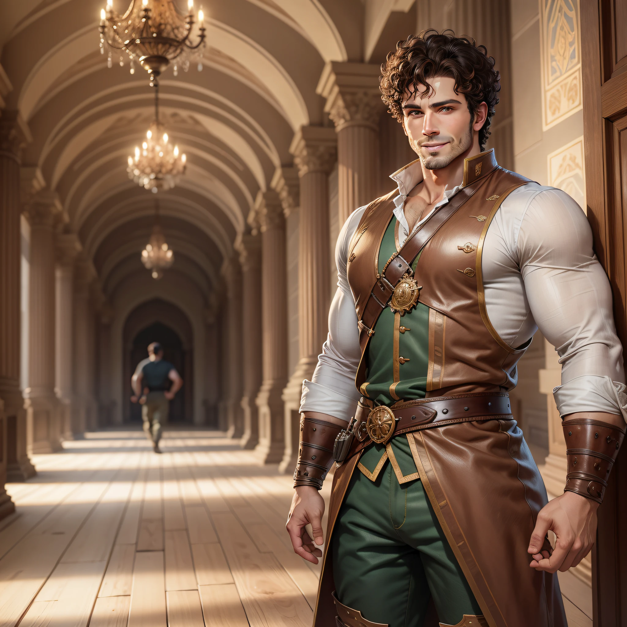 Realistic image of a handsome, strong man, short curly hair, dressed in rustic clothes, combat posture, confident smile, scenery of a palace hall