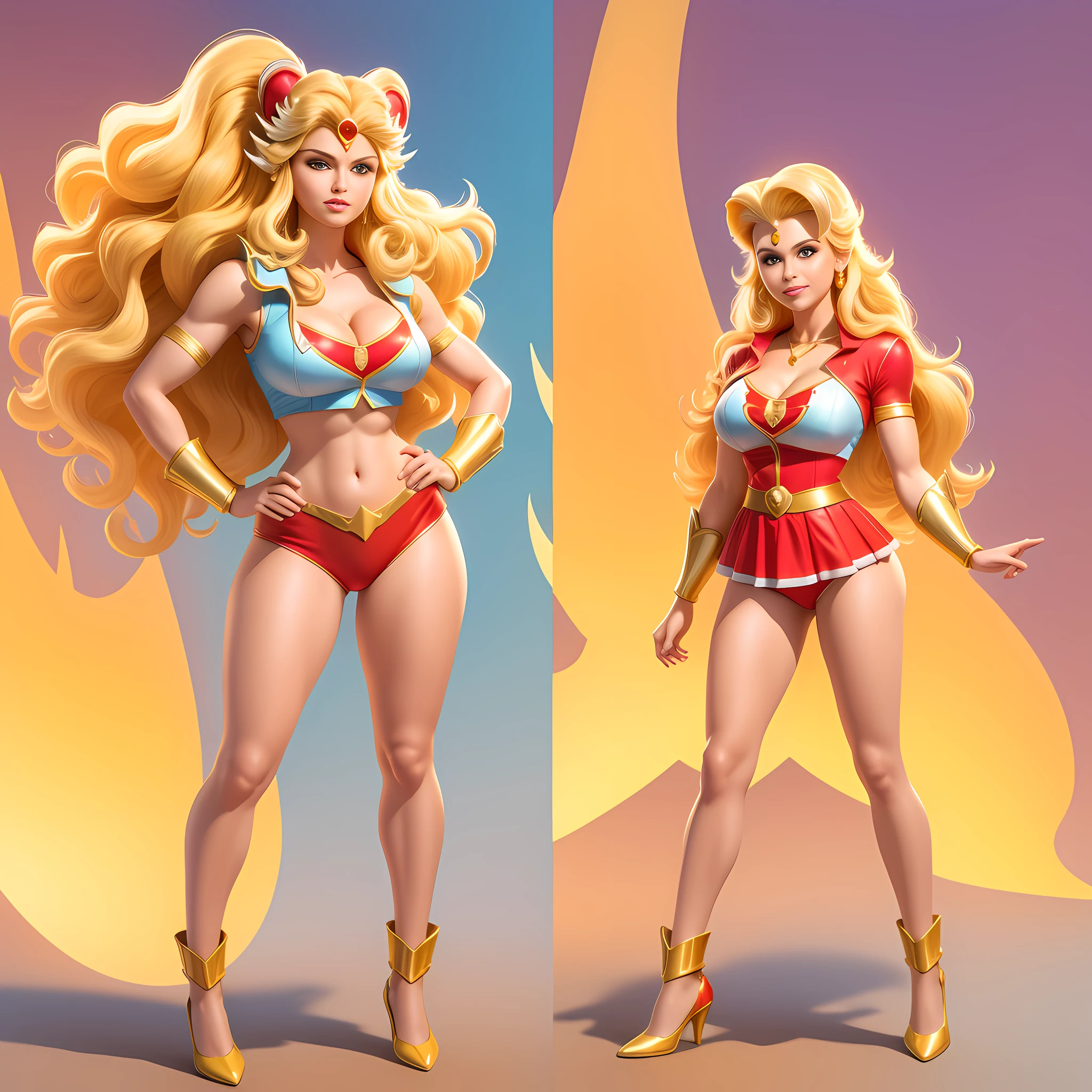 full body portrait, She-Ra: Princess of Power, 1980s \(style\), 1girl, blonde hair, retro art style, wavy hair, solo, superhero, unbutton_shirt, (natural_breasts:1.2), medium_breasts, cleavage, full body shot, detailed face, model pose, shoes visible, ass view, face view, multiple views