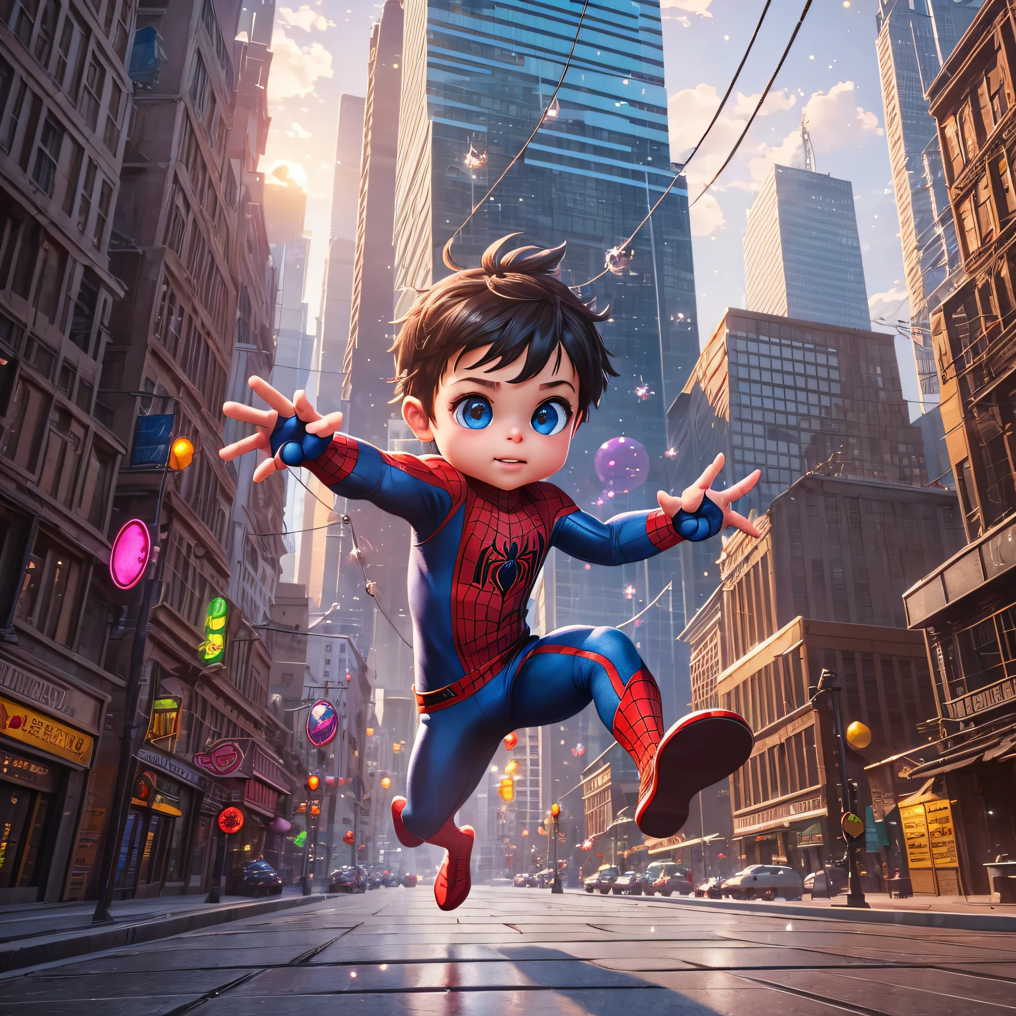 (extremely detailed CG unity 8k wallpaper) a cute  Spiderman, mini, adorable, dynamic pose, Chibi-style character,  particles, fantasy, photorealistic painting art by midjourney and greg rutkowski, 3d render, cbzbb style, unreal engine 5 --auto --s2