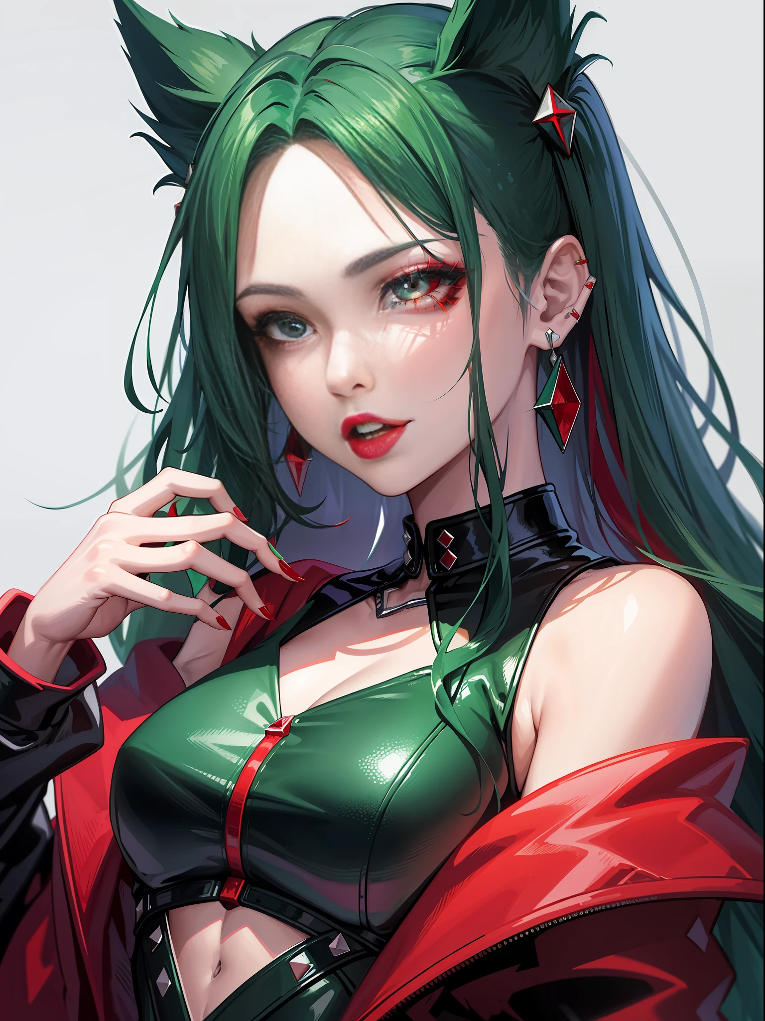 20-year-old girl, diamond-shaped face, danphoenix eyes, delicate makeup, red bright lips, red medium long hair, emerald green dye, stud earrings, high cold expression, left hand photo pose, slightly tilted head, half body display, black jacket, white vest, motorcycle girl, medium chest, white background