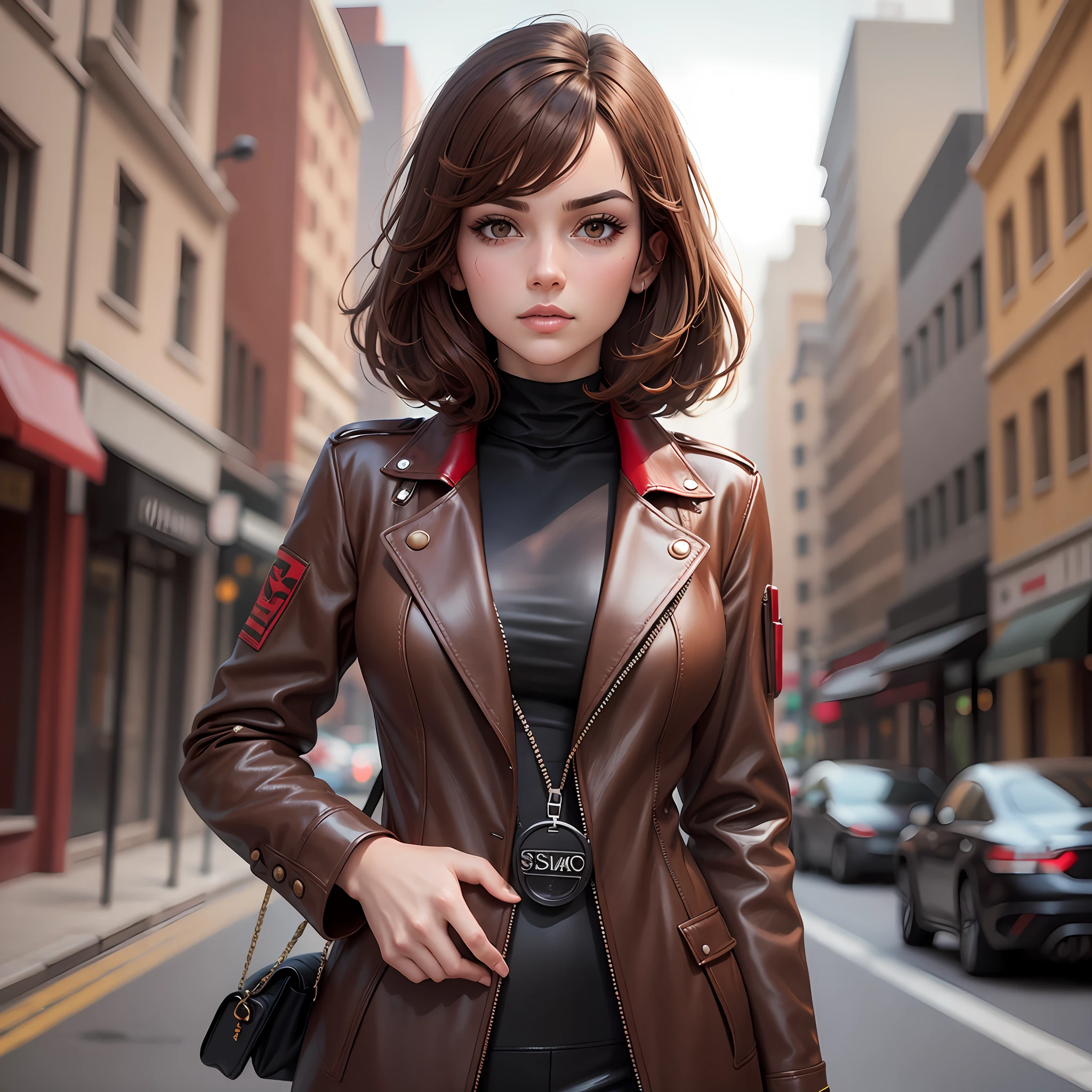 Create a brown-haired character in a spy outfit with red accents --auto --s2