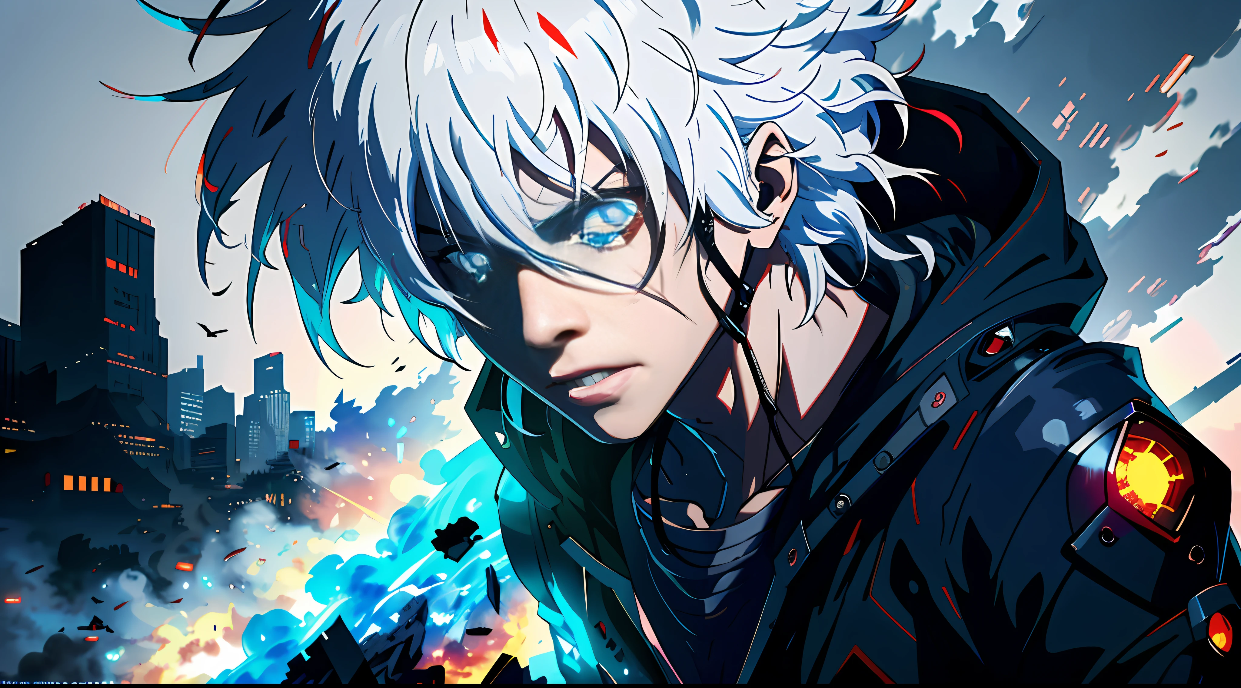 Anime humanoid monster, character design,wearing a futuristic mouth mask, serious face,boy,maniac,deranged look,messy unkept hair,hair covering right eye, vibrant eye color,red and blue eyes,(white hair), close up shot, creating a crack in reality, powerful aura, destroyed city, very dark,night,8k,64k, HD, unparalleled masterpiece, dynamic lighting, cinematic, epic Highest quality digital art, Stunning art, wallpaper 4k