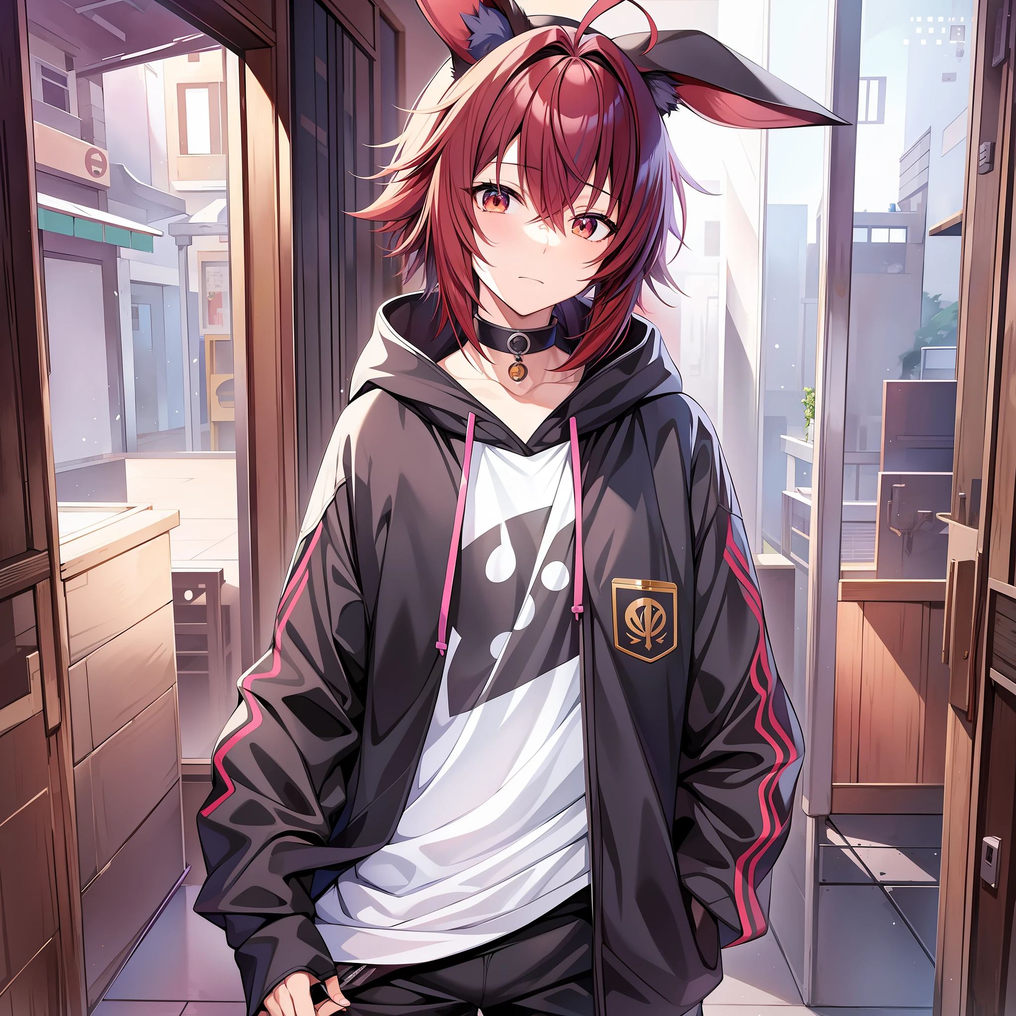 (male anime character) with a (young anime man) look. featuring (anime moe artstyle), featuring (1 male). He is wearing a (hoodie black) and has cute (rabbit ears) that are either (bunny ears), (long floppy rabbit ears:1.2), or (big rabbit ears:1.1) kemonomimi, with (auburn hair: 1.3). katsushika, neferpitou, anime moe artstyle, hana yata