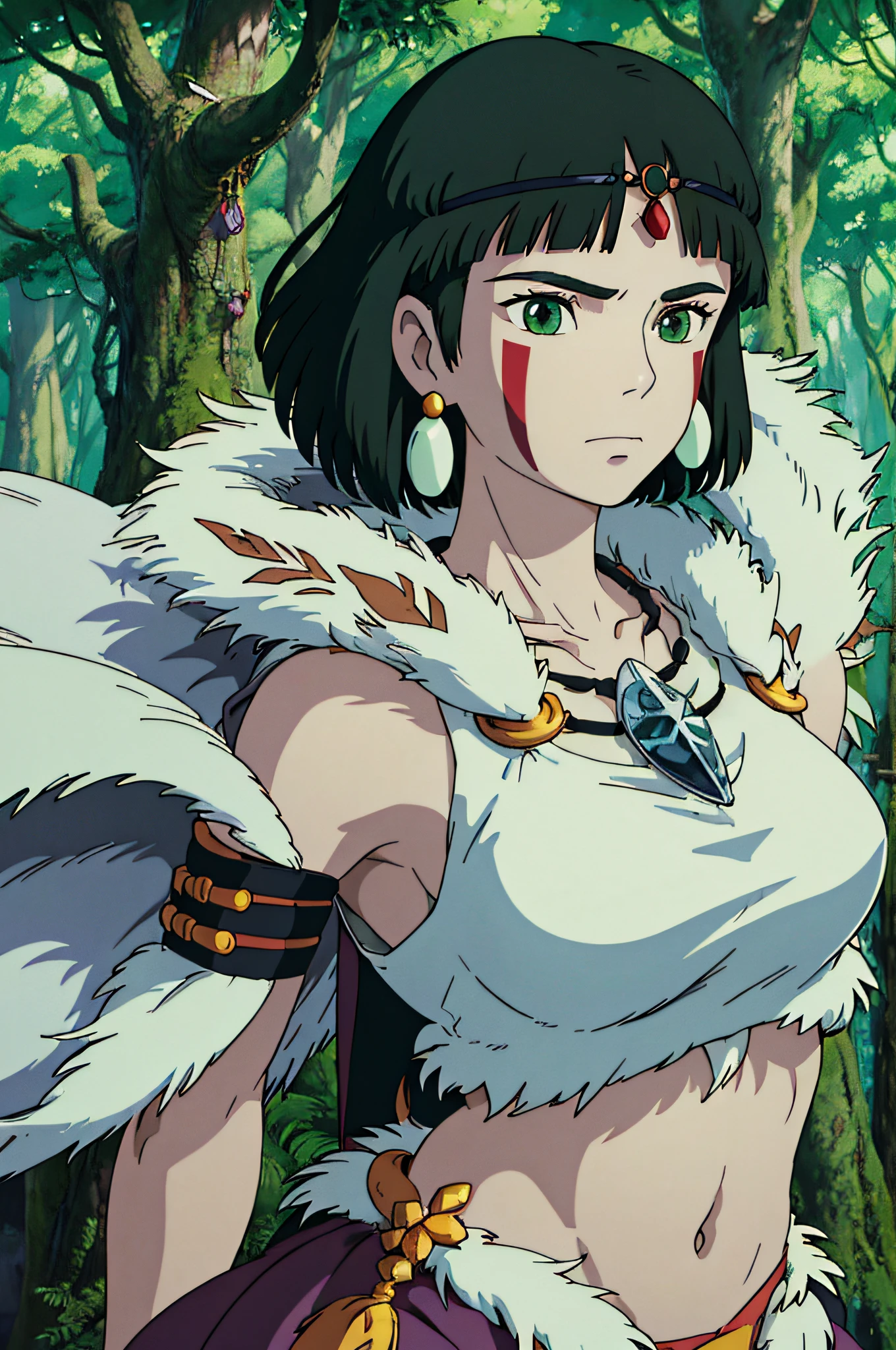 ghibli style, san \(mononoke hime\), girl, armlet, bangs, black hair, black undershirt, breasts, cape, circlet, earrings, facepaint, floating hair, forest, fur cape, green eyes, jewelry, looking at viewer, medium breasts, nature, necklace, outdoors, parted bangs, shirt, short hair, sleeveless, sleeveless shirt, solo, tooth necklace, tree, whole body, white shirt, skirt, knife, attack, ((masterpiece))