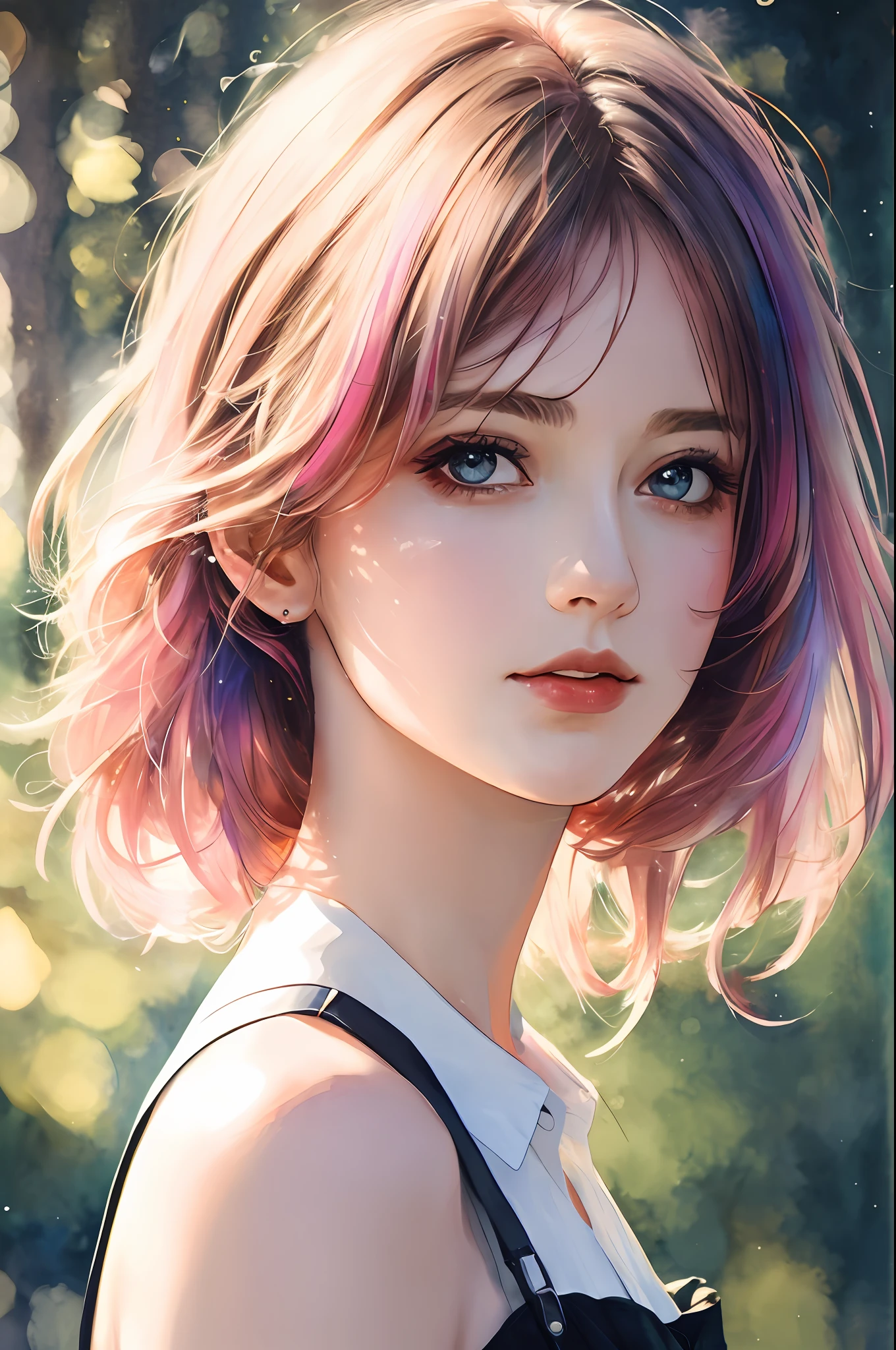 (8k, best quality, masterpiece:1.2),(best quality:1.0), (ultra highres:1.0), watercolor, a beautiful woman, shoulder, hair ribbons, by agnes cecile, half body portrait, extremely luminous bright design, pastel colors, (ink:1.3), autumn lights,
