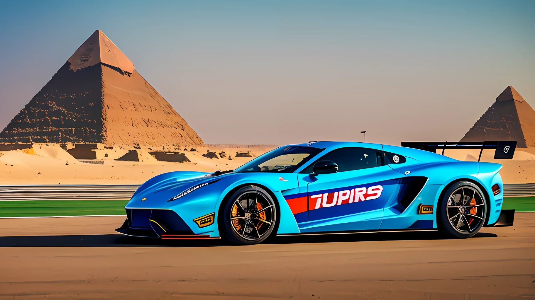 A super fast and super equipped sports car on a race track in Egypt. The pyramids form a beautiful blurry postcard behind the car. Sunny day. Realistic and hyper detailed photography, uhd --auto --s2