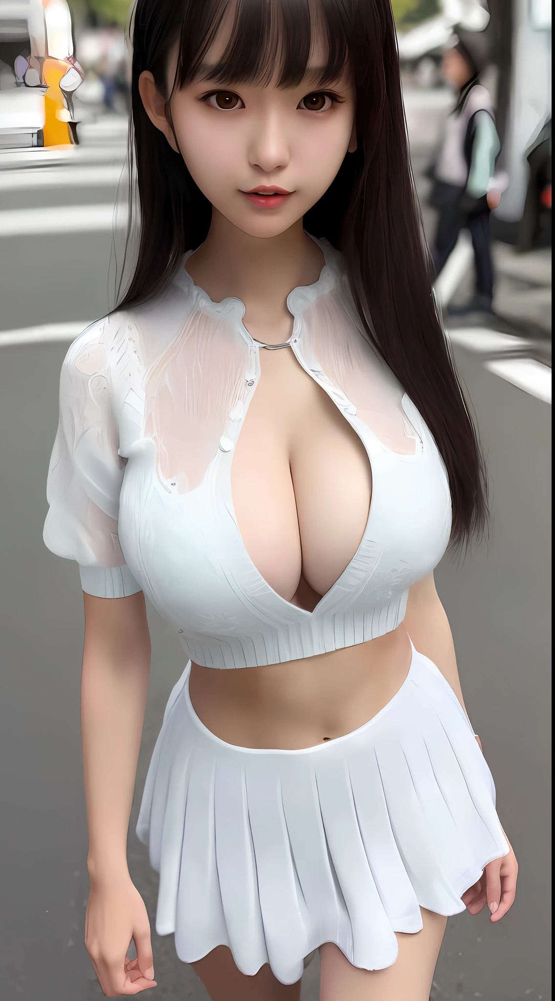Best quality, super detail, masterpiece, fine detail, high resolution, portrait, 8k wallpaper, realistic details, clothing details, skin details, detailed eyes, photoshop \ (medium \), slim body, 1 girl, Japan people, 30 years old, beautiful eyes, bare skin, well-formed face, bangs, blunt bangs, huge, wearing a uniform, (pleasant expression), mouth open, navel visible, close-up, Wearing a short skirt, white skin, long hair, dark hair, knitted clothes, walking on the street, hard breasts, hair fluttering, ears visible, cleavage visible