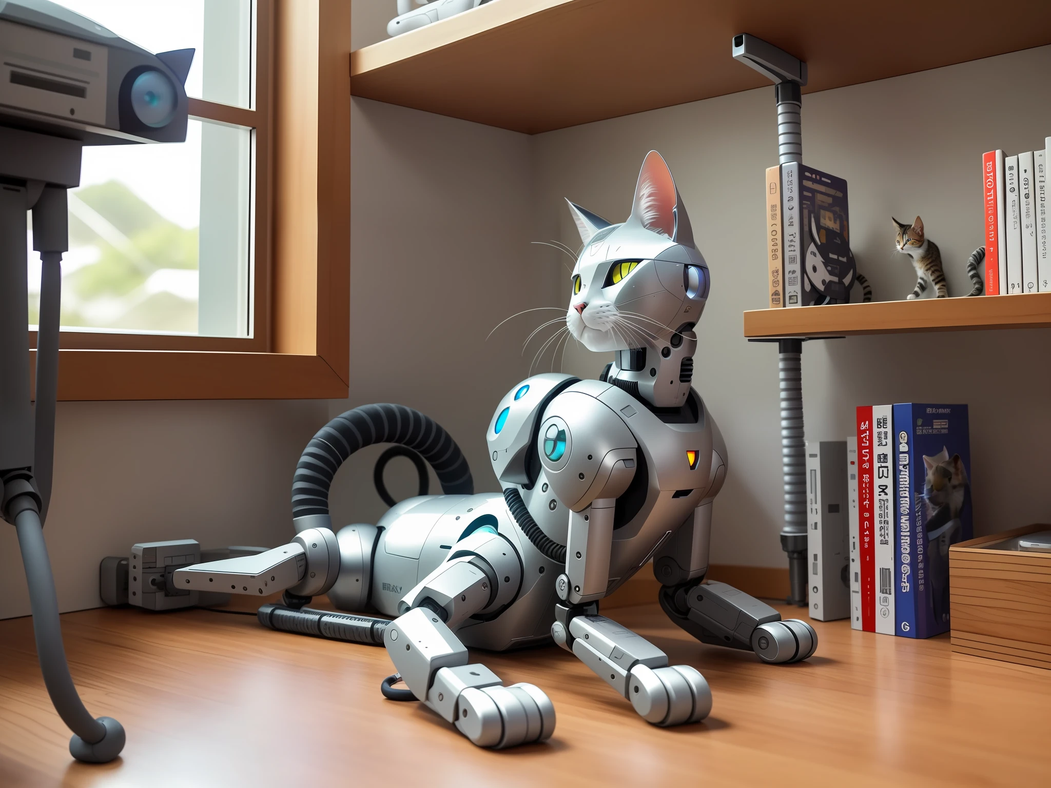 there is a cat that is laying on a wooden shelf, fully robotic!! cat, robotic cat, cat robot, robot cat, robot cat paws for feet, industrial robotic cats, a cyborg cat, taken with sony alpha 9, octopus cat, cyborg cat, picard on a starboard, help me, very accurate photo, sharp robot cat paws