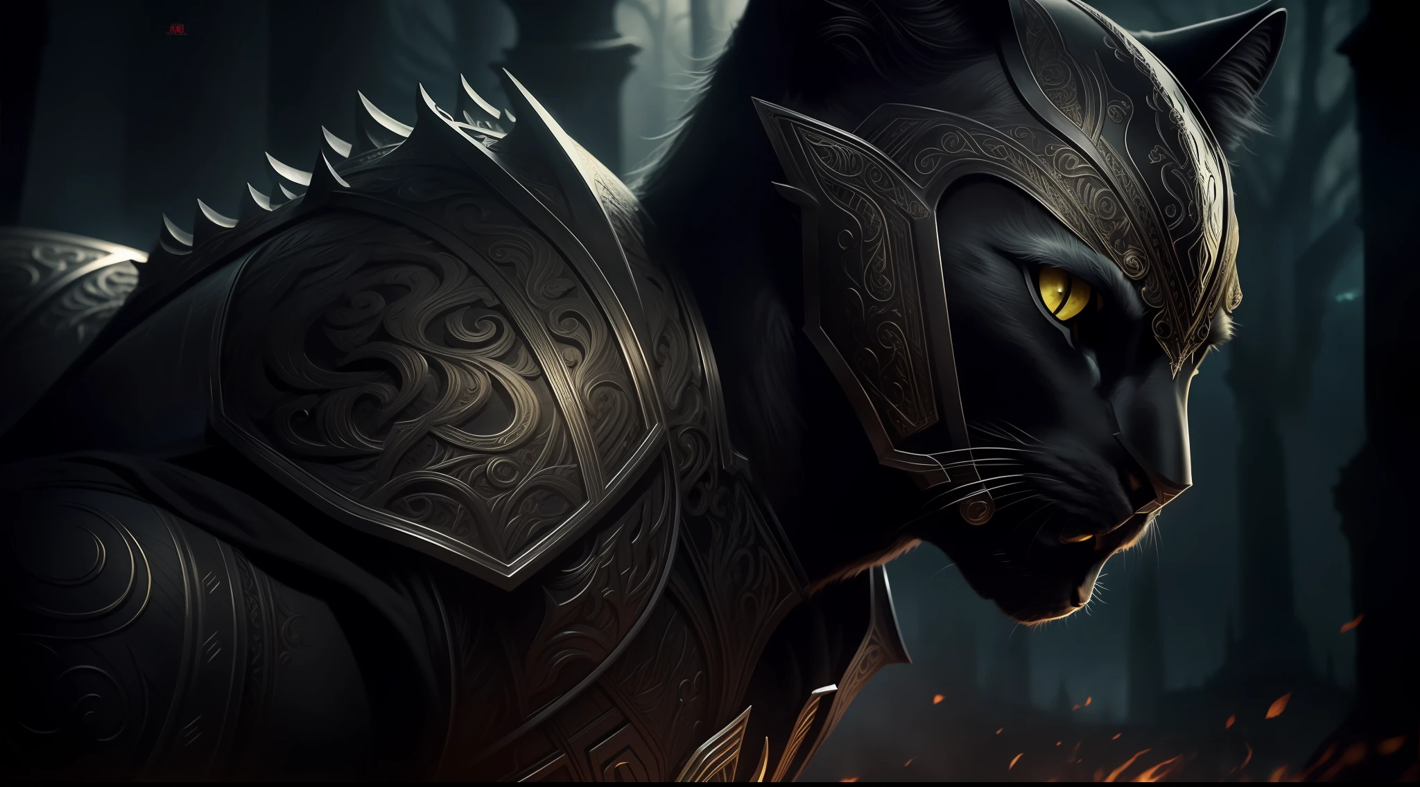 poster, intricate details, ((cinematic light)), black cat, hybrid, hyperealistic, scary, dark fantasy \(style\), detailed armor, detailed helmet. 8k