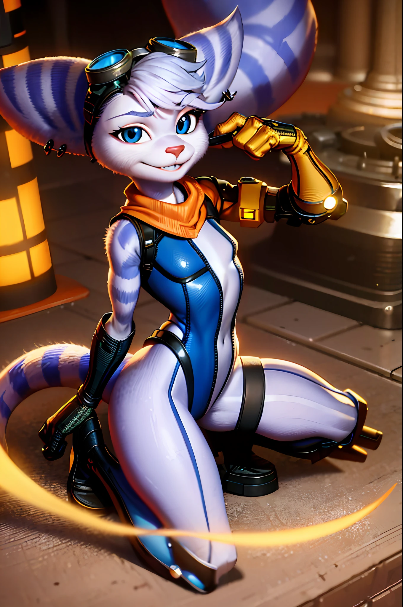 furry, rivetlombax, blue eyes, animal ears, earrings, goggles on head, bangs, mechanical arms, scarf, bodysuit, belt, tail, city