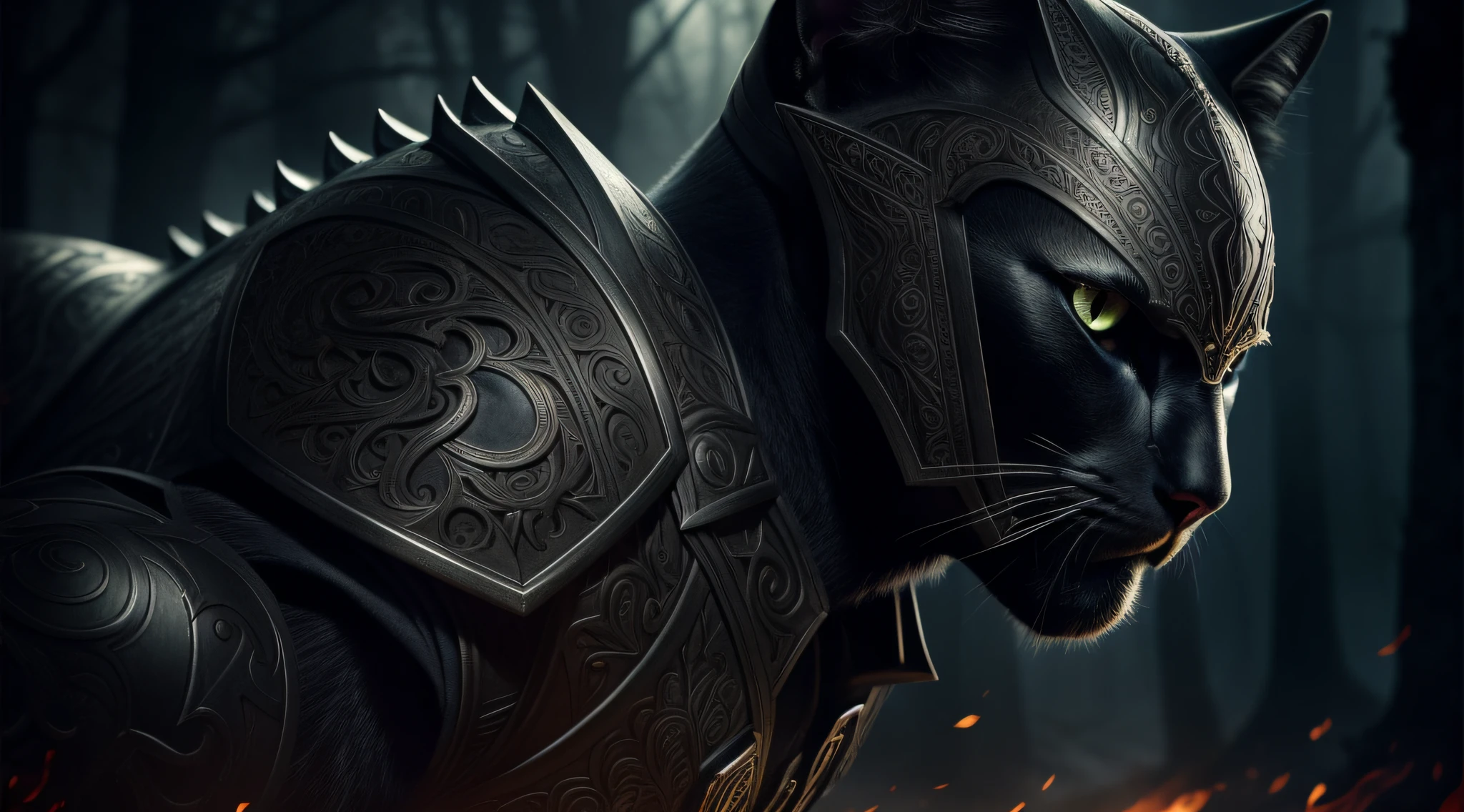 poster, intricate details, ((cinematic light)), black cat, hybrid, hyperealistic, scary, dark fantasy \(style\), detailed armor, detailed helmet. 8k