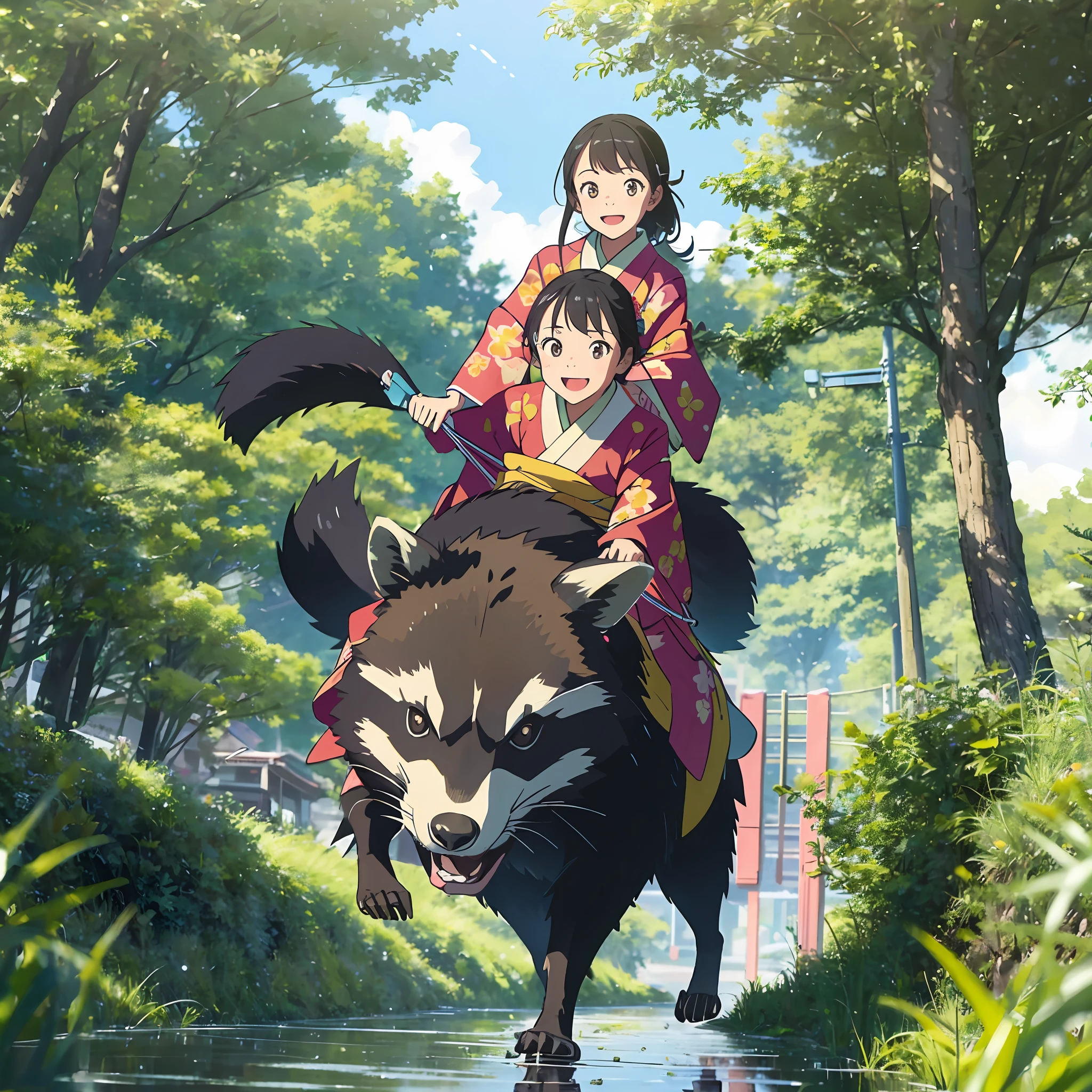 A happy looking girl in a kimono riding a big raccoon and running through the grassland. Jump over puddles, ground threaded angle