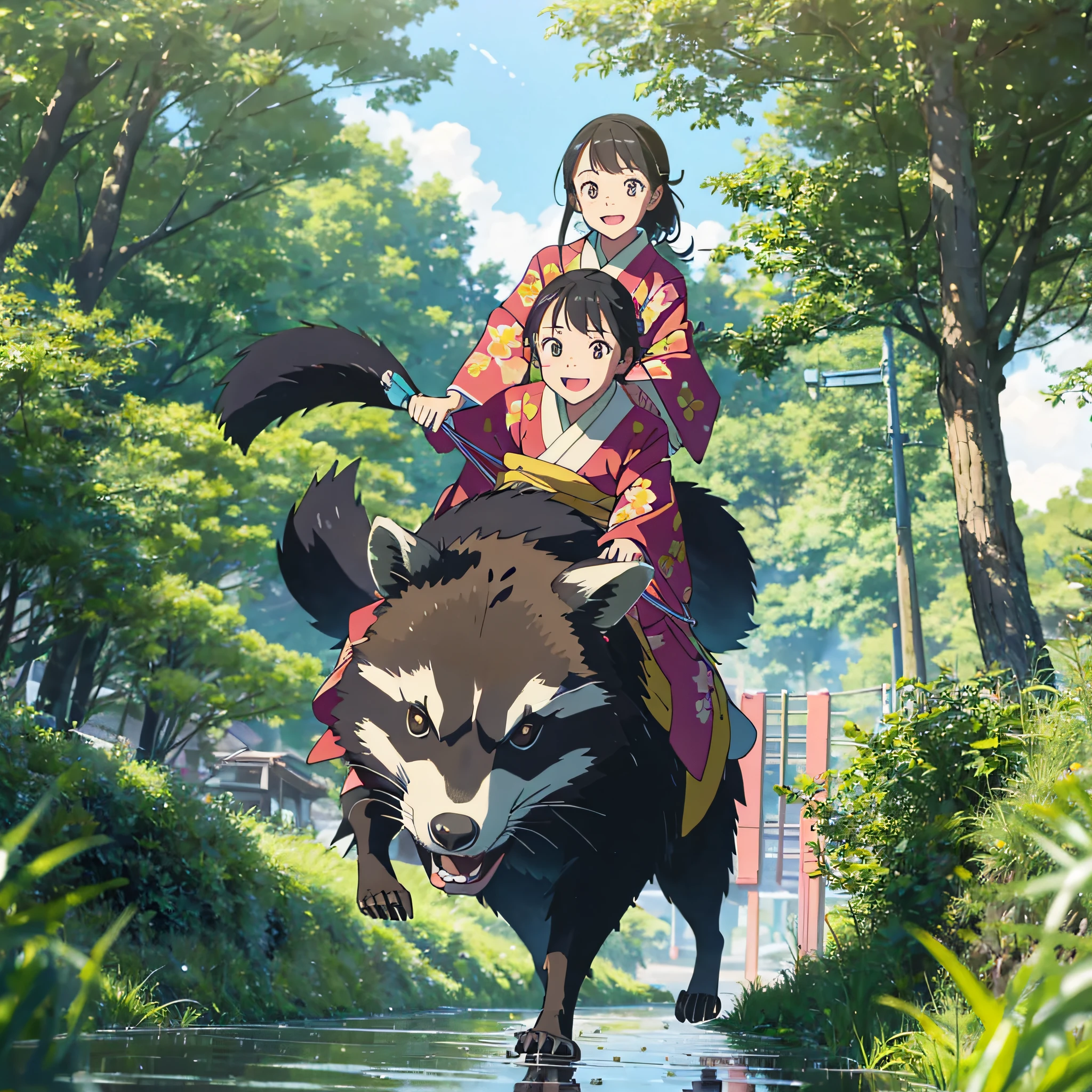 A happy looking girl in a kimono riding a big raccoon and running through the grassland. Jump over puddles, ground threaded angle