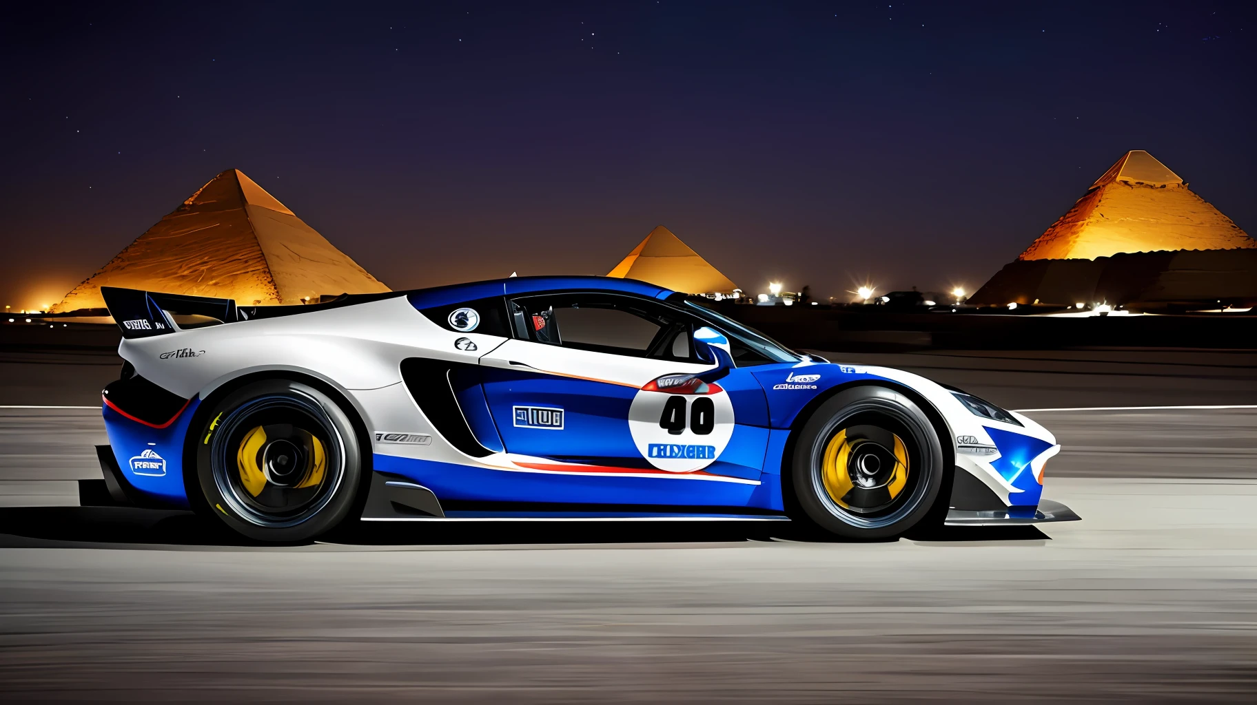 A super fast and super equipped sports car on a race track in Egypt. The pyramids form a beautiful blurry postcard behind the car. Dark and super starry night Realistic and hyper detailed photography, uhd