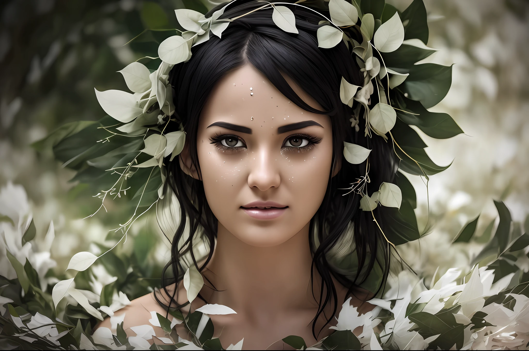 woman, 3000 BC, pregnant, lying on grass, covered with leaves, athletic physique,((dressed)),((covered bust)),((Jewish white robe: 1.5)),((woman crying)),(( tears in the eyes)) a wreath on the head, cunning look, sad look, cinematic, 6d cannon, octane rendering, vintage aesthetics, mysterious aura, dark atmosphere, face, crying, childbirth, detailed, in pain, mysterious aura, skin shiny, short black hair, detailed intense black eyes, arched eyebrows, full lips,