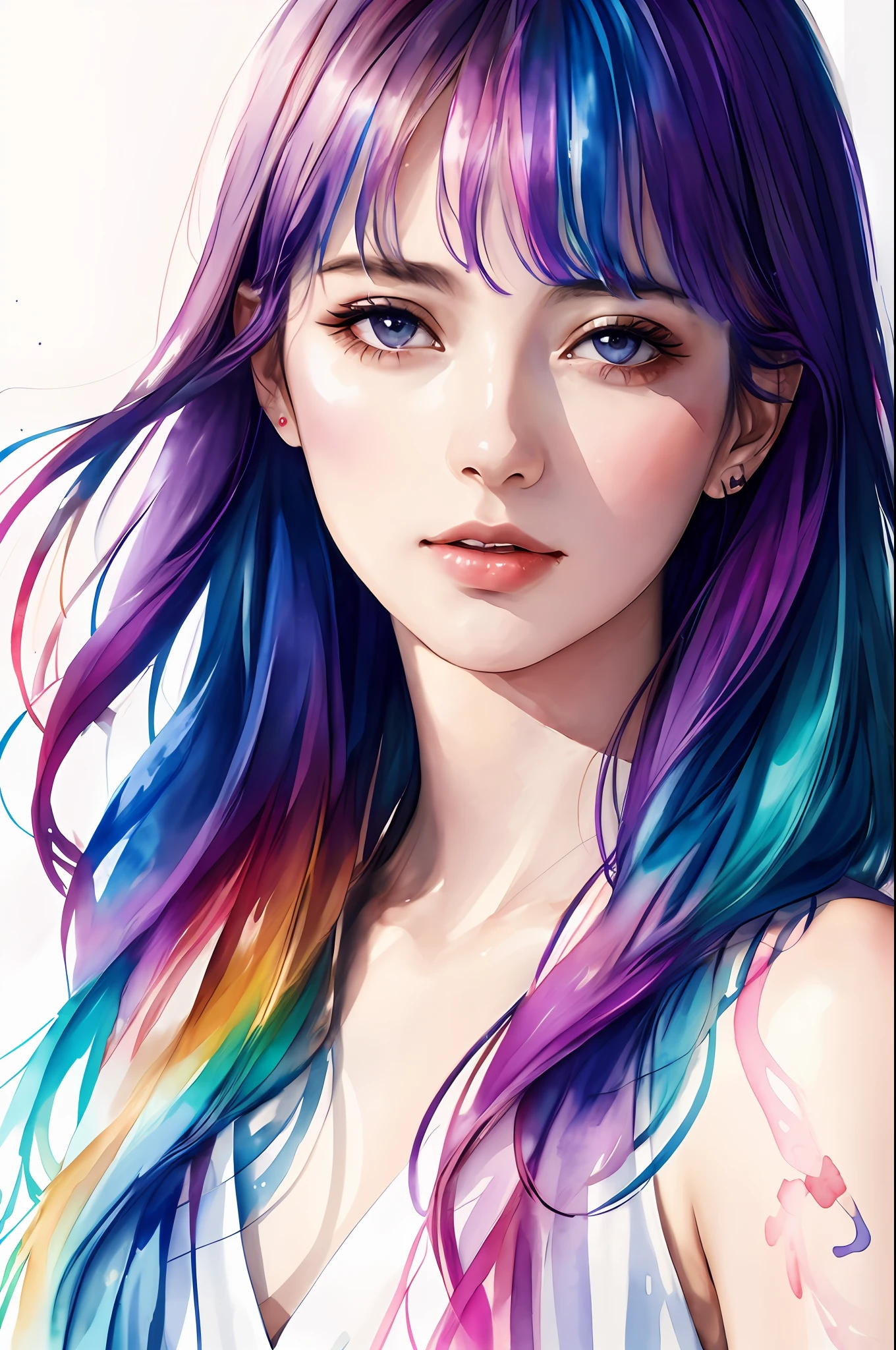 (8k, best quality, masterpiece:1.2),(best quality:1.0), (ultra highres:1.0), watercolor, a beautiful woman, shoulder, hair ribbons, by agnes cecile, half body portrait, extremely luminous bright design, pastel colors, (ink:1.3), autumn lights,