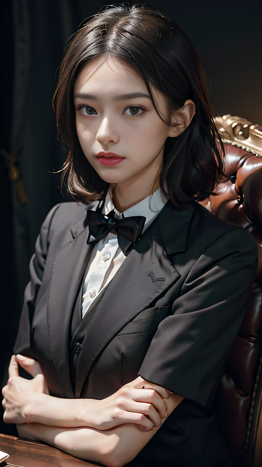 Sitting in a chair, in a dark room, Black_suit, Black_jacket, shirt, tuxedo, red_Rose on the lapel, (Close-Up: 1.0), (face_focus: 1.0), (upper_body), pubic_hair, bowtie, blue_eyes, brown watch, 1 old_Man, 50yo, male , looking at viewer, (closed mouth:1.0), NSFW, official art, very detailed CG unity 8k wallpaper, perfect lighting, colorful, Bright_Front_face_Lighting, (masterpiece: 1.0), (best_quality:1.0), super high resolution, 4K, super detail, photography, 8K, HDR, high resolution, ridiculous : 1.2, Kodak Portra 400, Film Grain, Background Blur, Bokeh: 1.2, Lens Vires, (vibrant_color: 1.2)