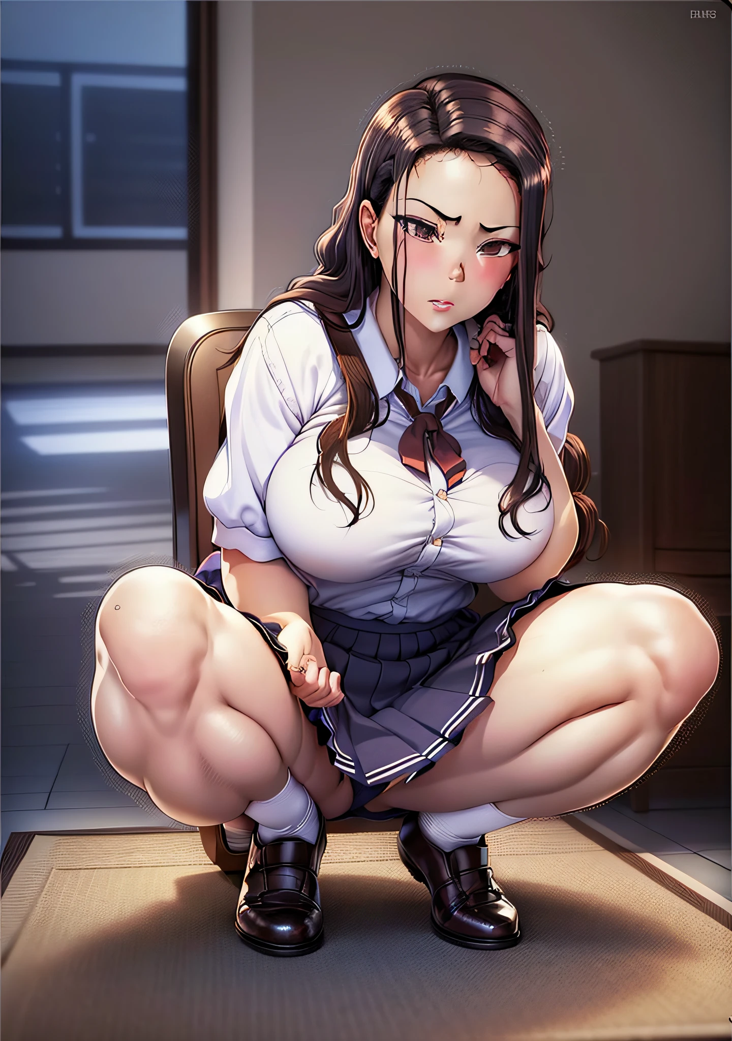 High resolution, Top quality, Masterpiece, Ultra high quality, Ultra detail, Ultra realistic, 3D, Anime, Illustration, Troubled face, Solo, ((Beautiful student short skirt)), squatting and touching hair, (looking at the camera), (background blur))), brown leather shoes, bare feet, (cotton underwear), large breasts, frontal shooting,