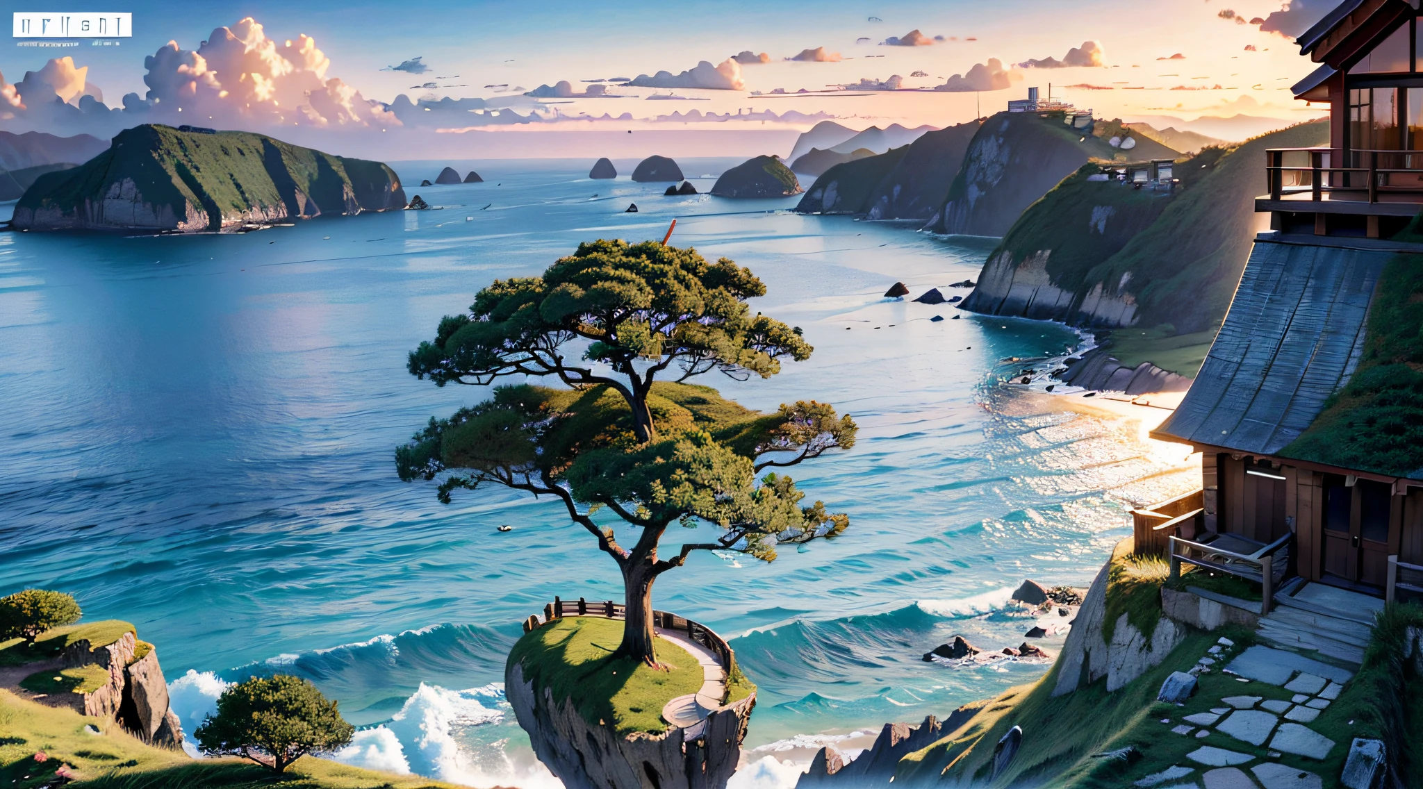 Best resolution, outstanding masterpiece, a tree house on the cliff overlooking the sea, anime background art, anime background, amazing wallpaper, anime landscape wallpaper, beautiful anime landscape, Shinkai Makoto Cyril Rolando, anime landscape, anime landscape concept art, anime art wallpaper 8K, anime art wallpaper 8K, miyazaki style, anime art wallpaper 4K, beautiful artwork illustration, beautiful anime scene