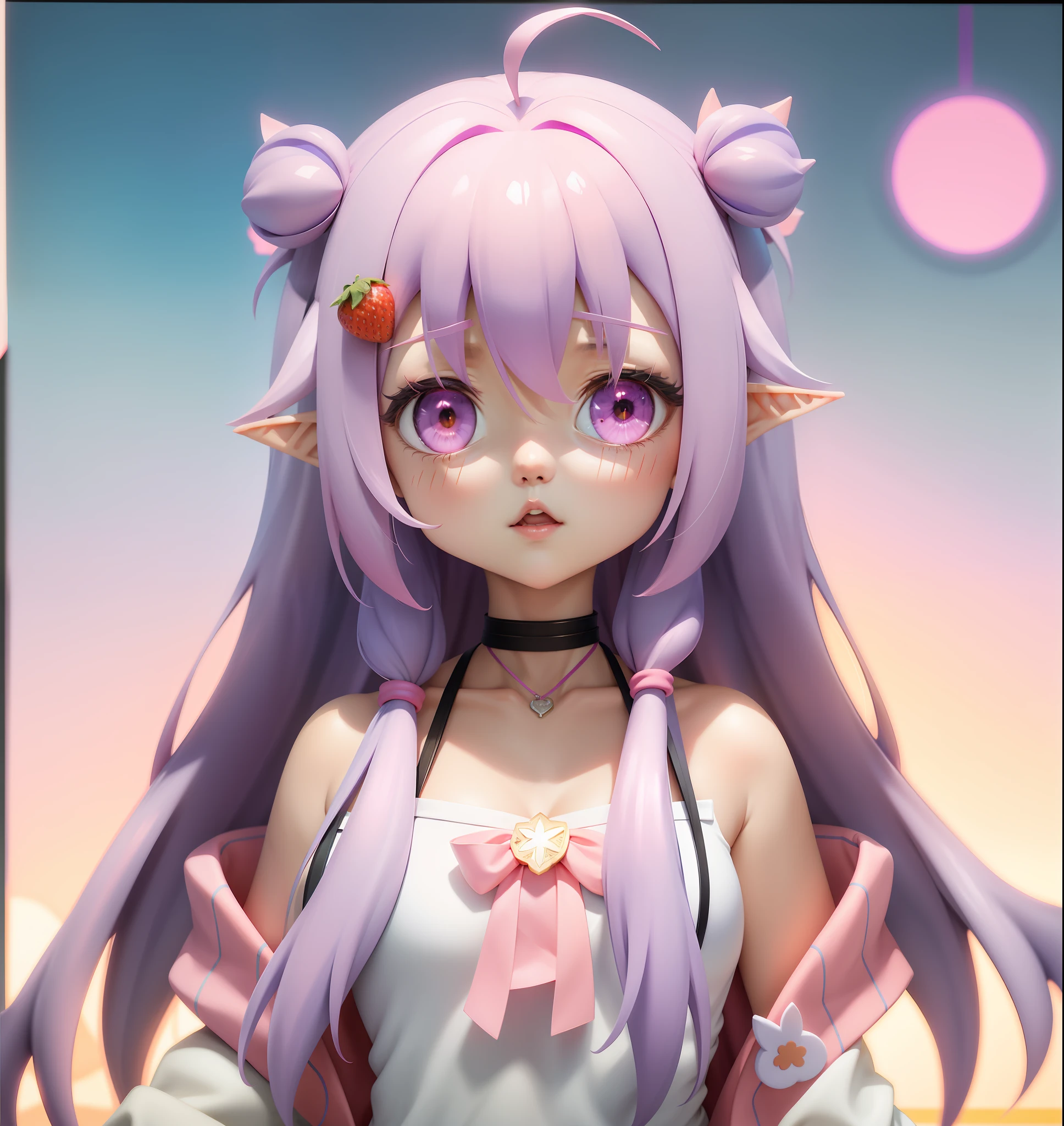 Anime girl, pink clothes, pink coat, anime vtuber, live2d virtual youtuber model, anime vision of a cute girl, lilac hair, bare belly, bare navel, cool, purple eyes, strawberry hairpins, elf ears, pointed ears