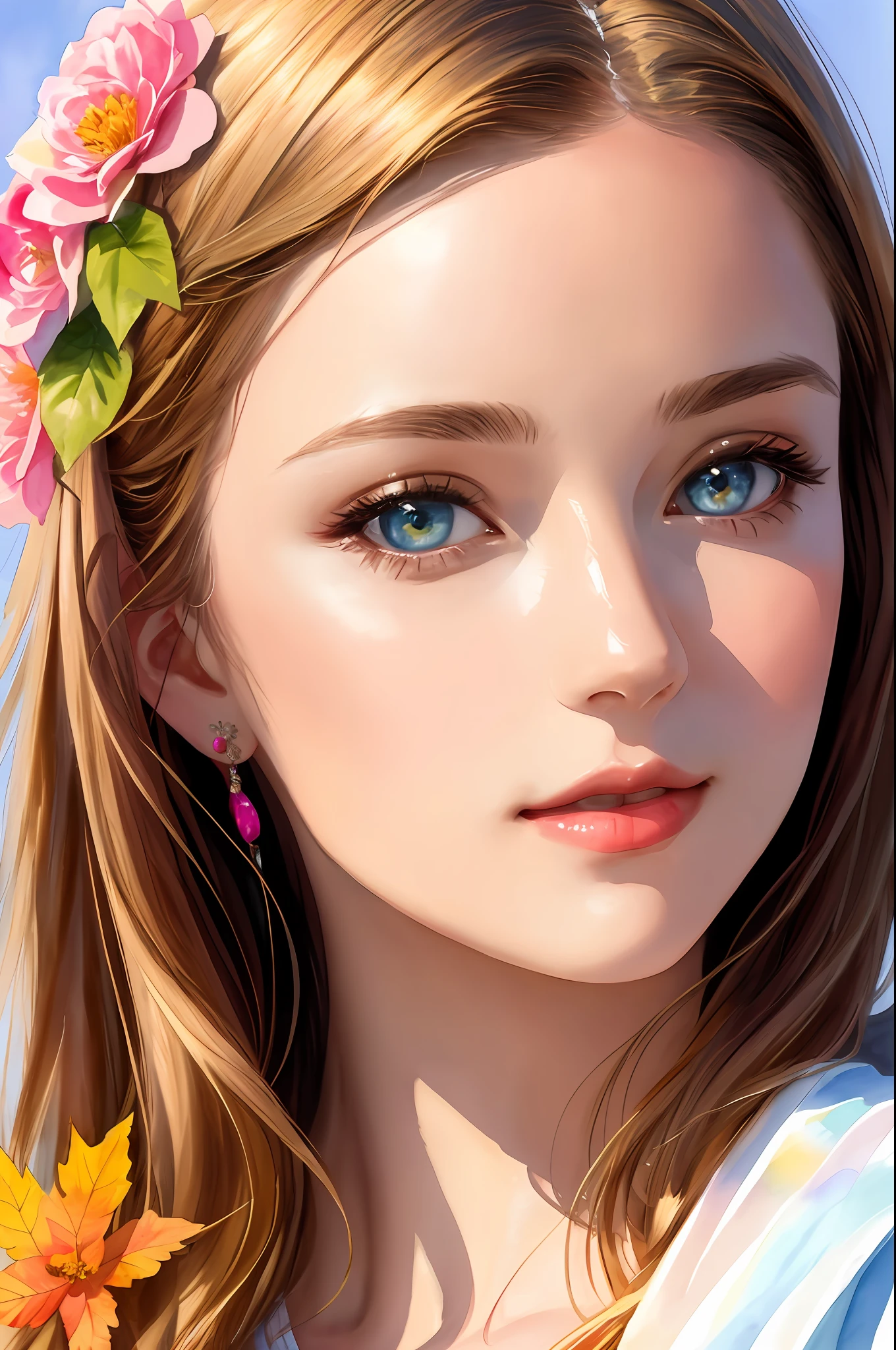 (8K, Best Quality, Masterpiece: 1.2), (Best Quality: 1.0), (Ultra High Definition: 1.0), Watercolor, Beautiful Woman, Shining Eyes, Shoulders, Hair Ribbon, Agnes Cecil, Half-Body Portrait, Very Bright Bright Design, Pastel Colors, (Ink: 1.3), Autumn Light,