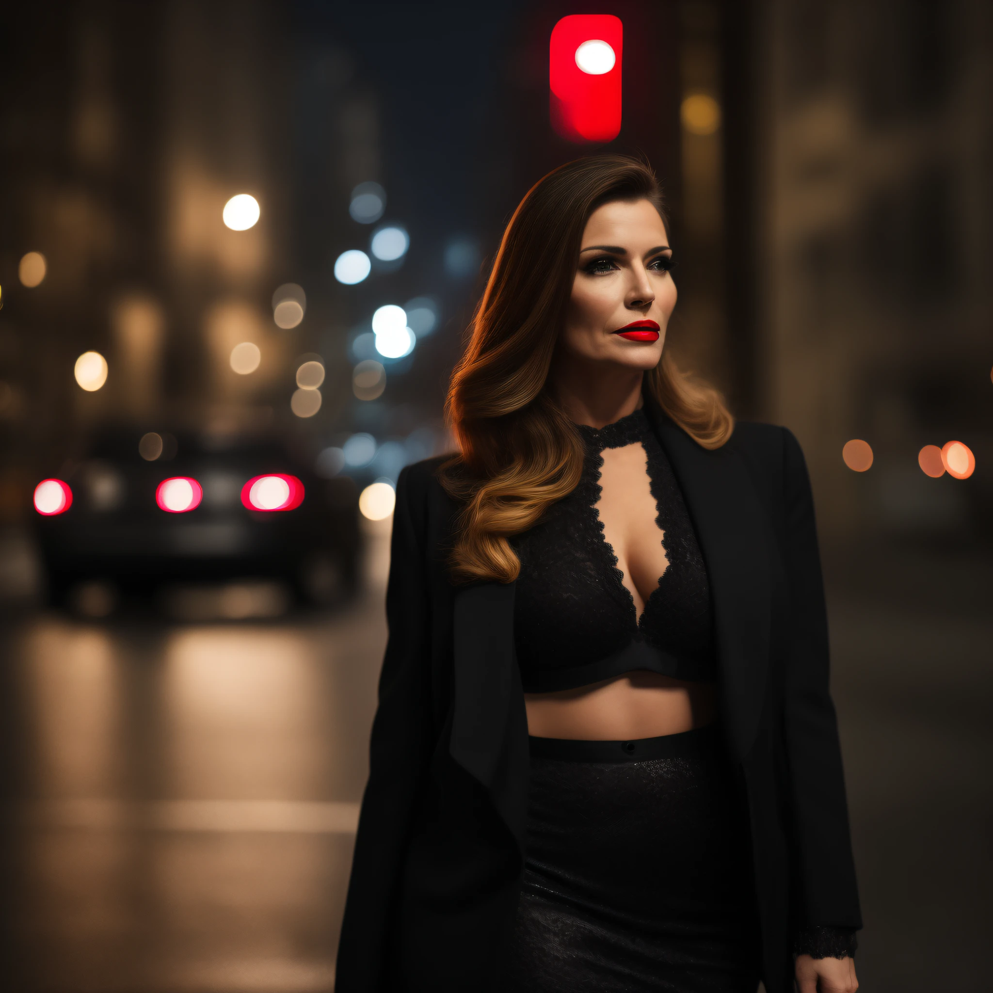 Portrait of a 40-year-old Swedish woman, businesswoman, black lace bra, walking on the street, cold night, sexy look, sensual, perfect lips, short black skirt, realistic photo, cinematic photo, classic city, open female black blazer, light from top to bottom, whole body, looking down, grumpy, light red lipstick, walking fast, parked car, mysterious
