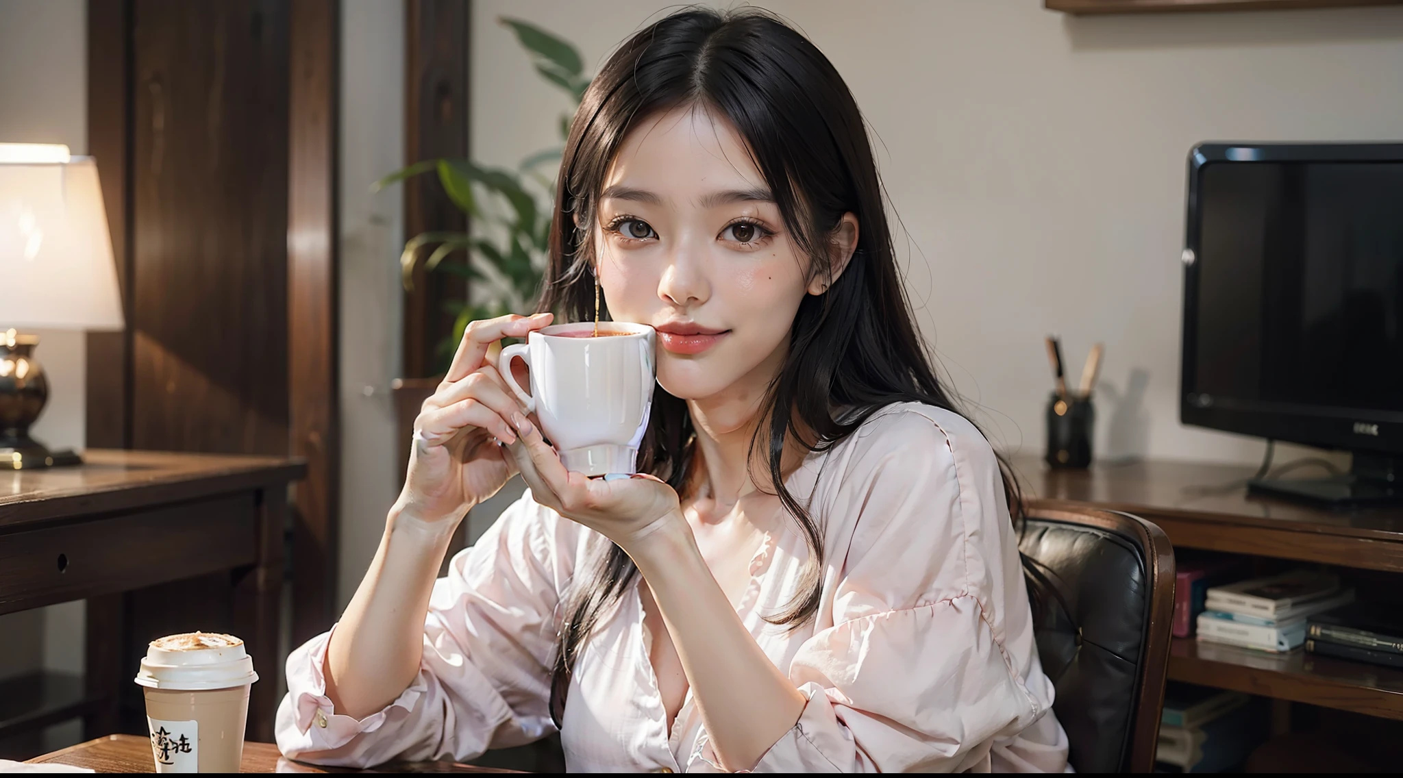 High Quality, Best Quality, 1 Woman, Real, Live Action, Japan Person, Frontal, 28 years old, Big tits, Glowing face, Black hair, Straight hair, Pink lips, Natural skin, Light eyebrows, Little longer hair, Loungewear, Holding coffee with both hands, Staring, Quiet, Affection, Serious, Facial expression, Happy, Table, Conversation, Smile, Romantic, Relaxed, Happiness,