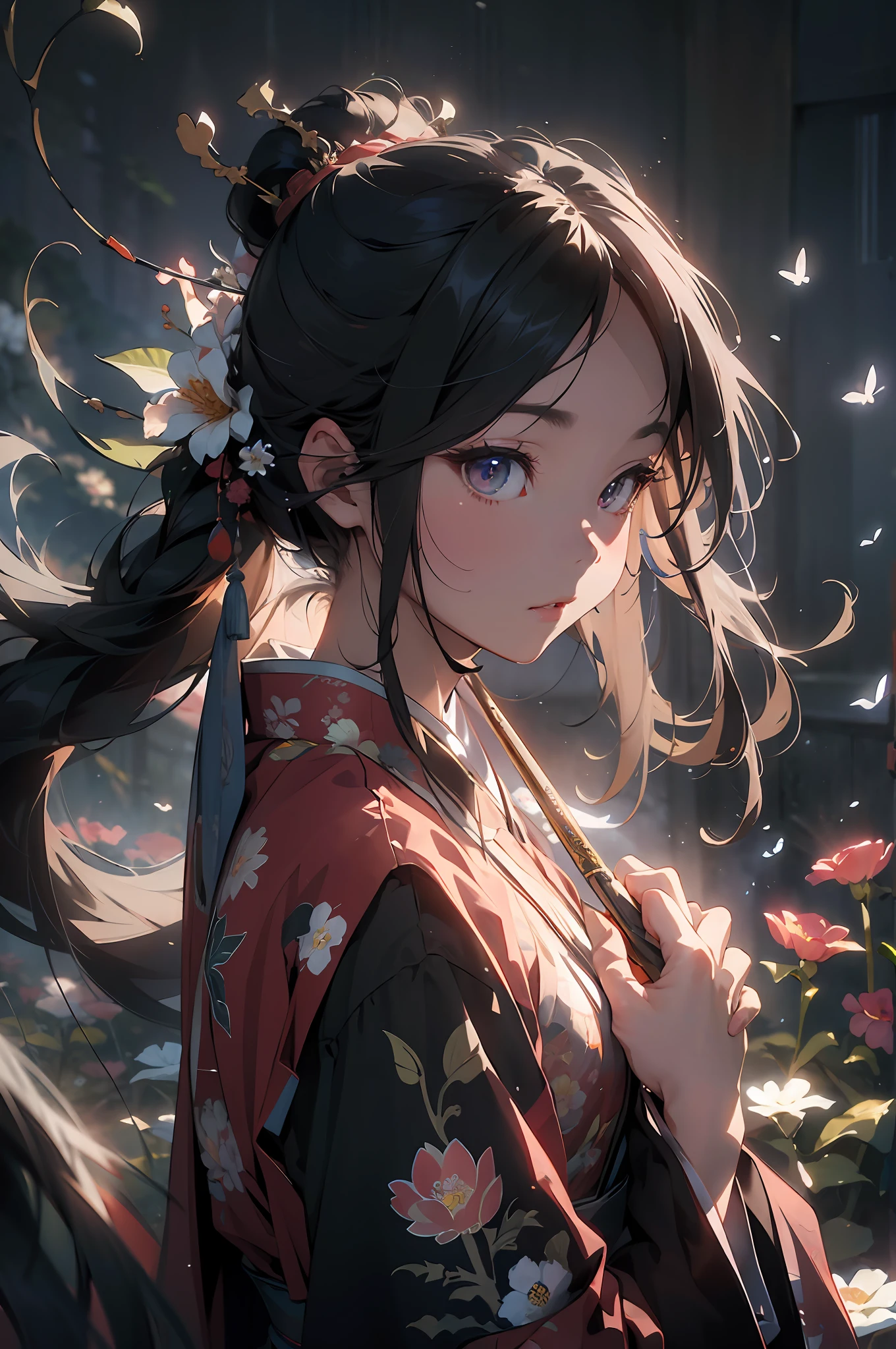 Masterpiece, high quality, highly detailed, (pixiv:1.4), Gongbi painting of the Song Dynasty, 1girl, solo, (detailed background, flowers), long black hair, floating hair, glowing,
cinematic lighting, vivid color, beautifully drawn,