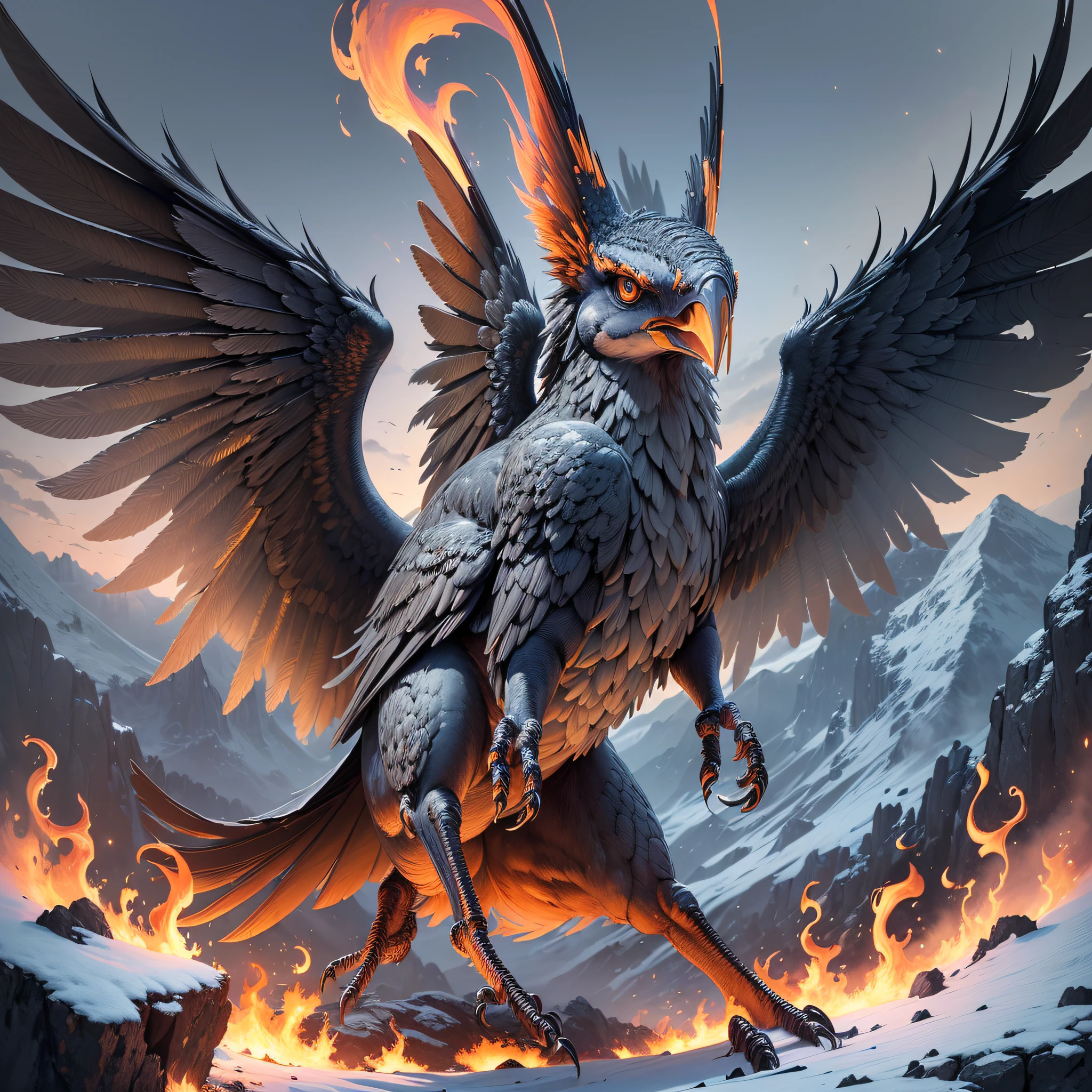 (best quality:1.1, masterpiece:1.5, ultra high resolution:1.3), no humans, fenix, front position, wings open, (winter colors, fire and grays), high on a mountain --auto --s2