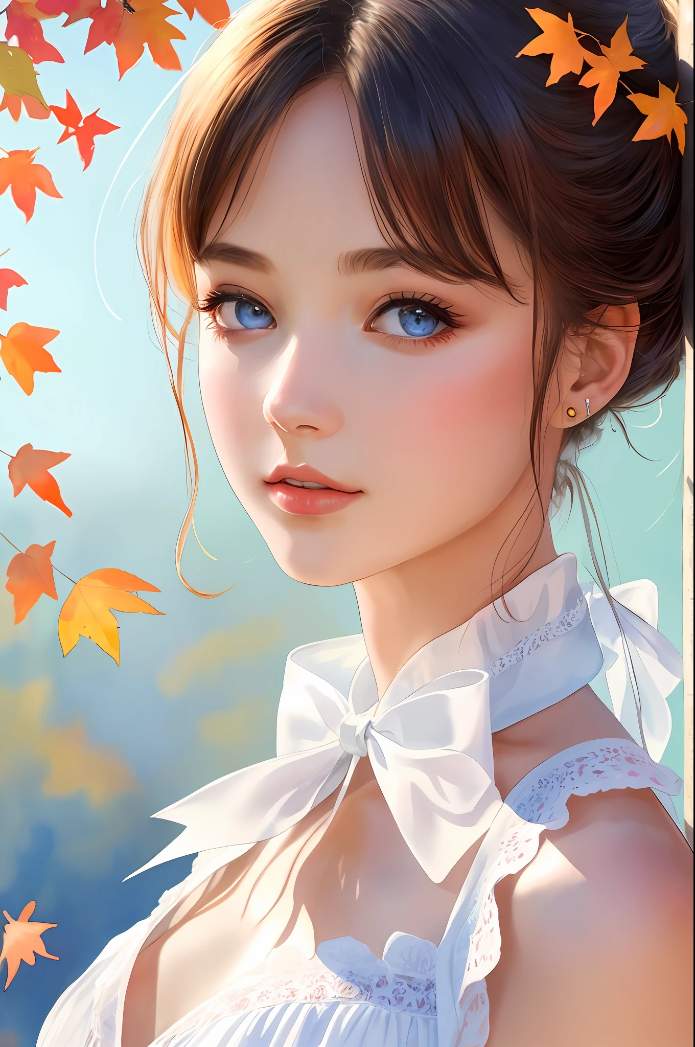 (8K, Best Quality, Masterpiece: 1.2), (Best Quality: 1.0), (Ultra High Definition: 1.0), Watercolor, Beautiful Woman, Shining Eyes, Shoulders, Hair Ribbon, Agnes Cecil, Half-Body Portrait, Very Bright Bright Design, Pastel Colors, (Ink: 1.3), Autumn Light,