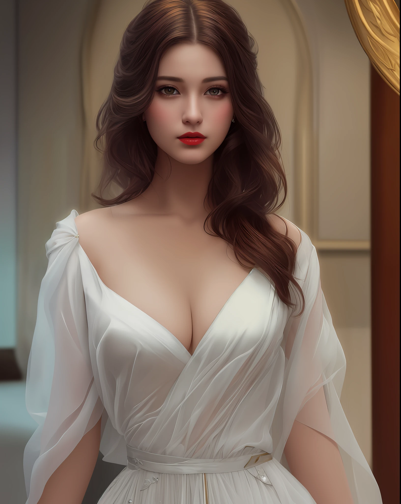 (Masterpiece),(best quality),((masterpiece)),(highres), original, portrait of a beautiful teenager, meidum breasts, formal dress, soft smile, red lips, nice hair, beauty eyes, 1girl, solo, realism, {{{{drawn by Greg Rutkowski}}}}