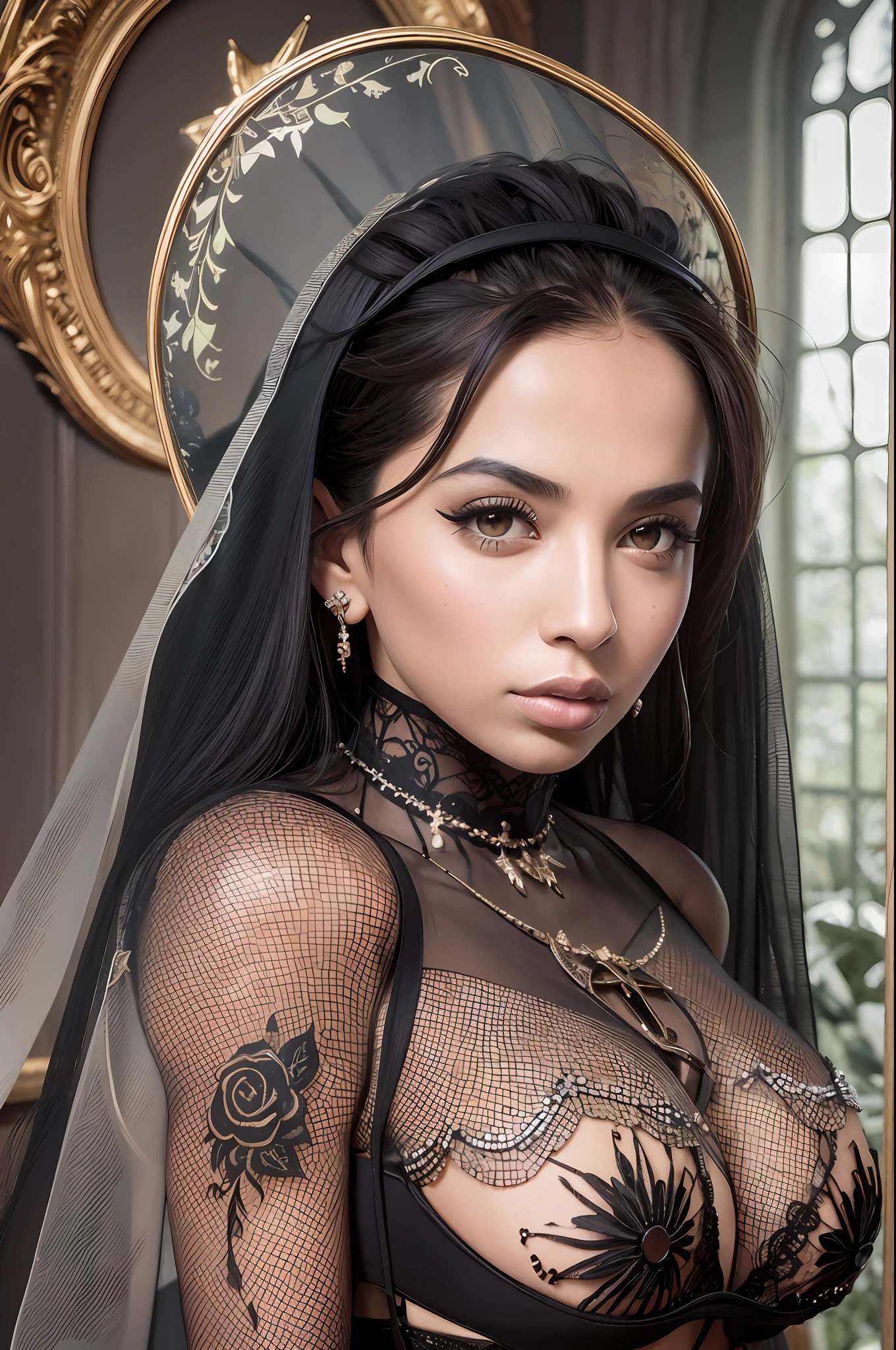 Masterpiece, best quality, nsfw, a portrait photograph of a beautiful, Brazilian actress, Anitta, small and thin sexy framed with huge breasts and spider tattoos, wearing an elegant (black wedding dress) with embroidered opals and a black tulle veil, carrying a bouquet of red roses in a dark and crowded satanic church with an upside-down cross in the background,   Chiaroscuro, from Suicide Girls, , , , , , --q 1, DSLR --v 6 --s2