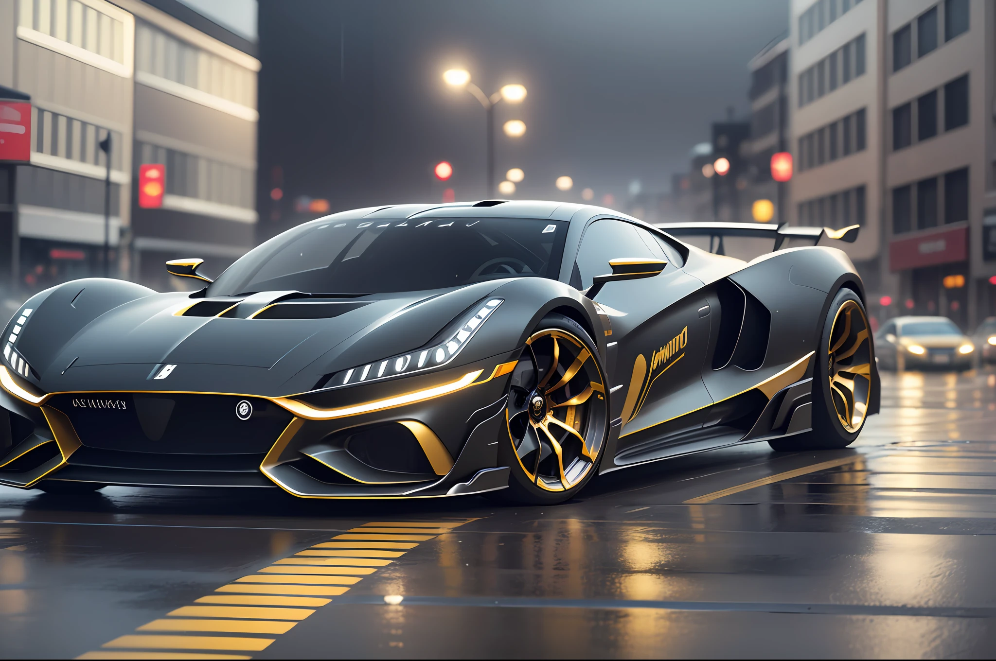 Wide angle wiew of a concept carro de corrida concept car in vanta black, gold ornate decals, smoot edges and curves, rain wet city streets photorealistc, cinematic, volumetric, lighting, ambient occlusion, unreal engine, --auto --s2