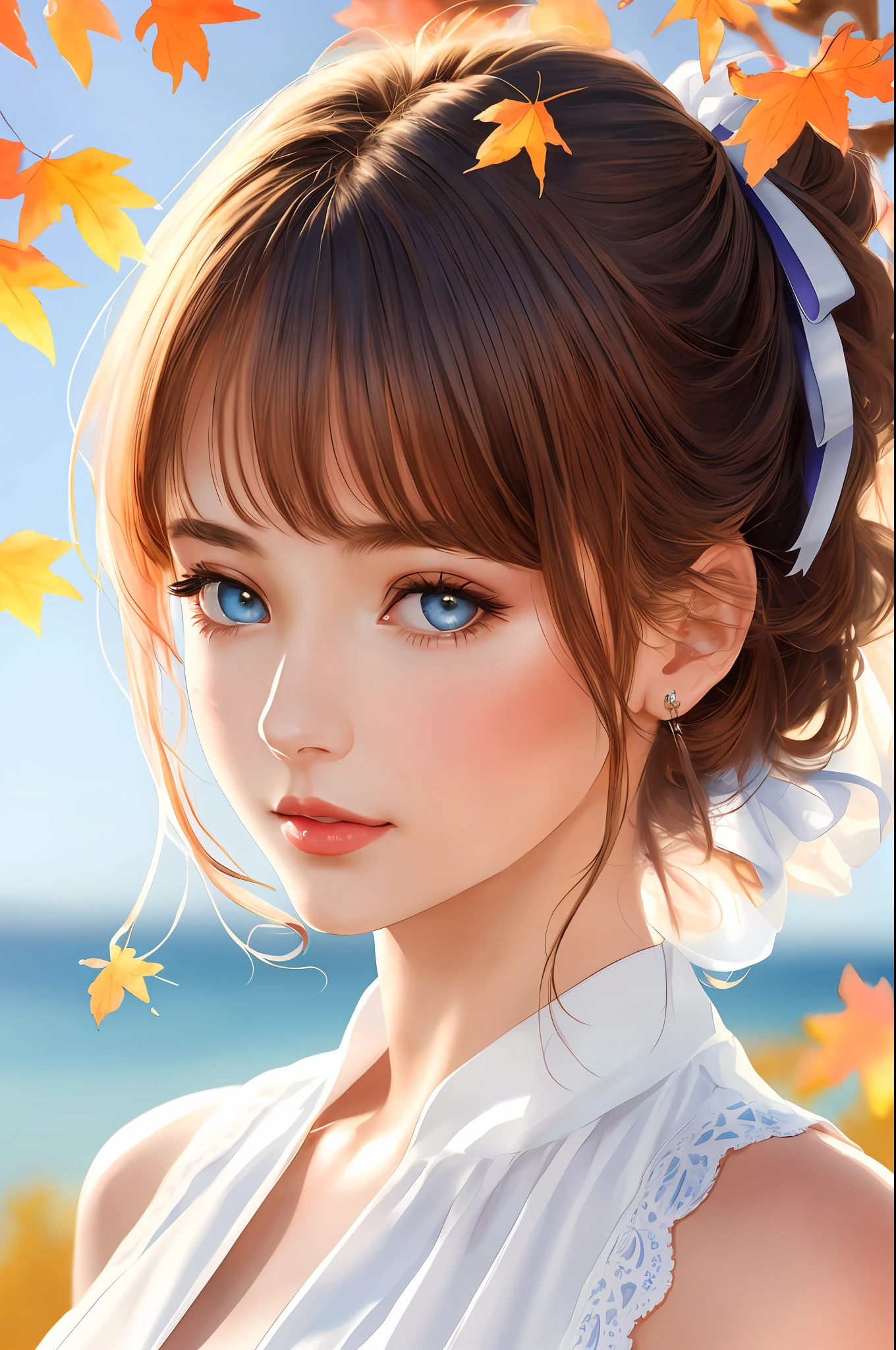 (8K, Best Quality, Masterpiece: 1.2), (Best Quality: 1.0), (Ultra High Definition: 1.0), Watercolor, Beautiful Woman, Shining Eyes, Shoulders, Hair Ribbon, Agnes Cecil, Half-Body Portrait, Very Bright Bright Design, Pastel Colors, (Ink: 1.3), Autumn Light,