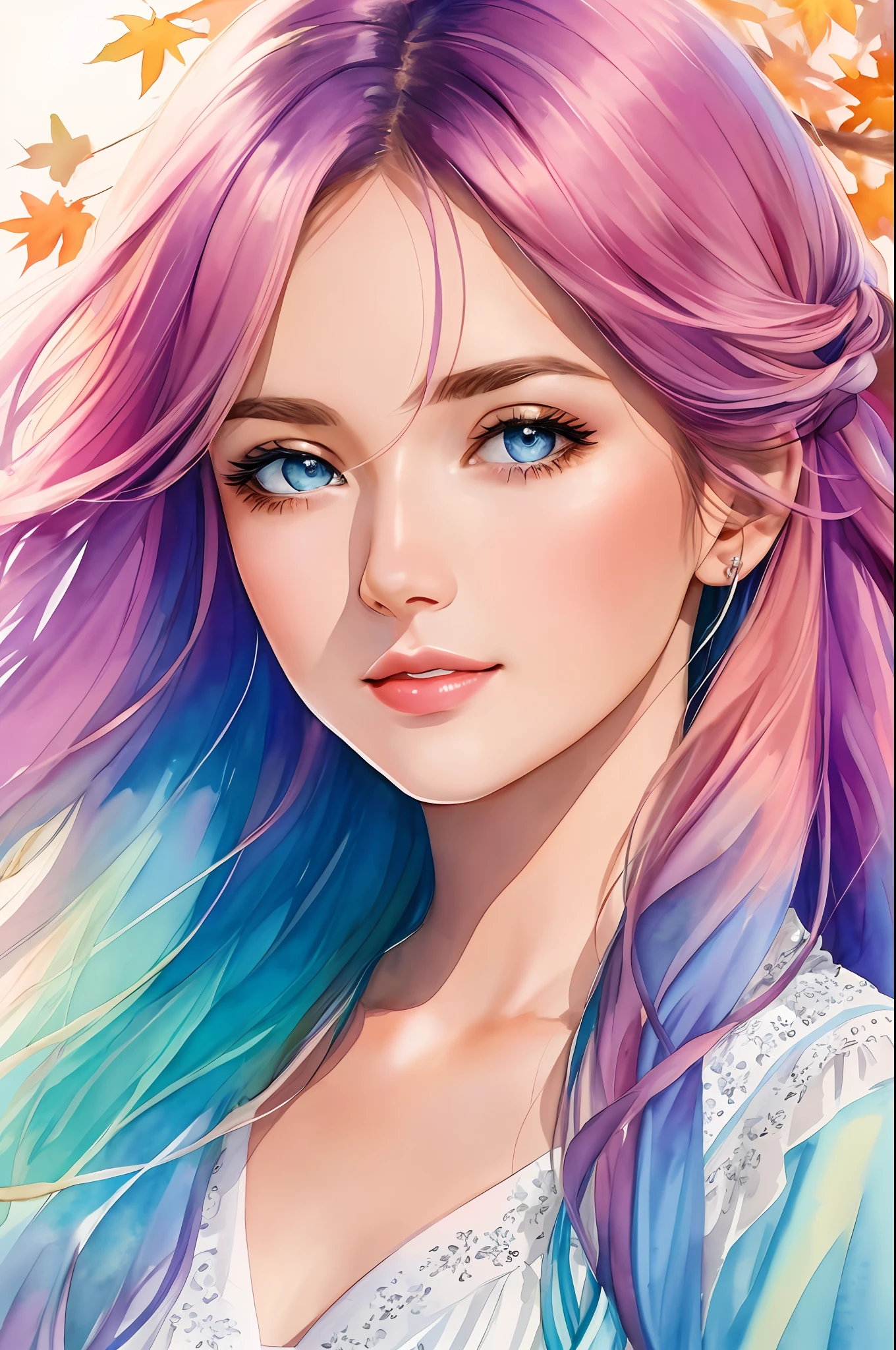 (8K, Best Quality, Masterpiece: 1.2), (Best Quality: 1.0), (Ultra High Definition: 1.0), Watercolor, Beautiful Woman, Shining Eyes, Shoulders, Hair Ribbon, Agnes Cecil, Half-Body Portrait, Very Bright Bright Design, Pastel Colors, (Ink: 1.3), Autumn Light,