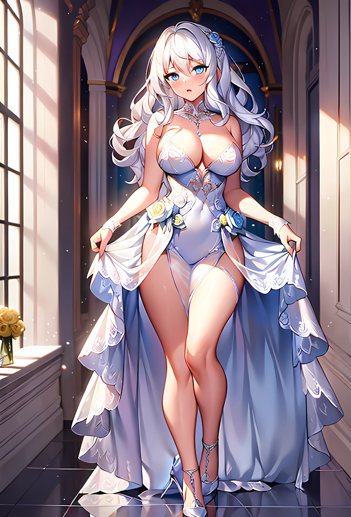 (masterpiece, reflections, atmospheric lighting, dynamic lighting), best quality, 1girl, perfect figure, perfect body, perfect face, white hair, long luscious curly hair, blue eyes, glowing ice eyes, delicate fingers, blushing, shy, embarrassed, lewd, open mouth, strapless dress, wedding dress, evening dress, lingerie dress, white high heels