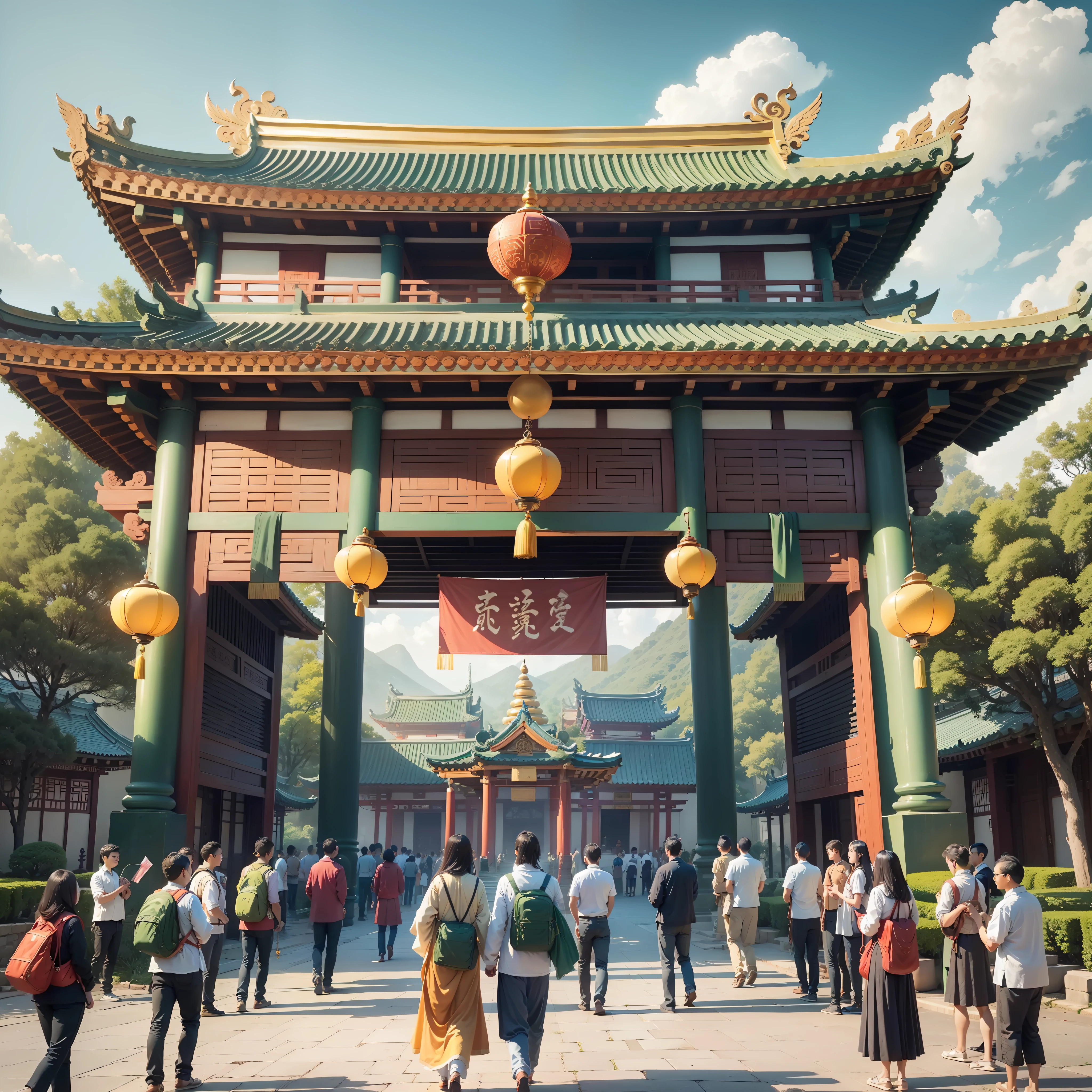 In the midst of green mountains and waters, there is a quaint Chinese-style complex consisting of rows of green brick and red tile houses, each with elaborate carved window mullions, cornices and arches, and colorful lanterns hanging in front of the door. At the center of the complex is a tall torii with the words "Tenkaen" written in large golden letters, flanked by two winding stone paved roads leading in all directions. Behind the complex is a majestic temple with golden splendor and incense and melodious bells. In front of the complex is an open square with a fountain splashing water and reflecting the light of the setting sun, which is extremely beautiful. There are also some people in the square walking, chatting, playing tai chi, or flying kites, forming a harmonious picture.