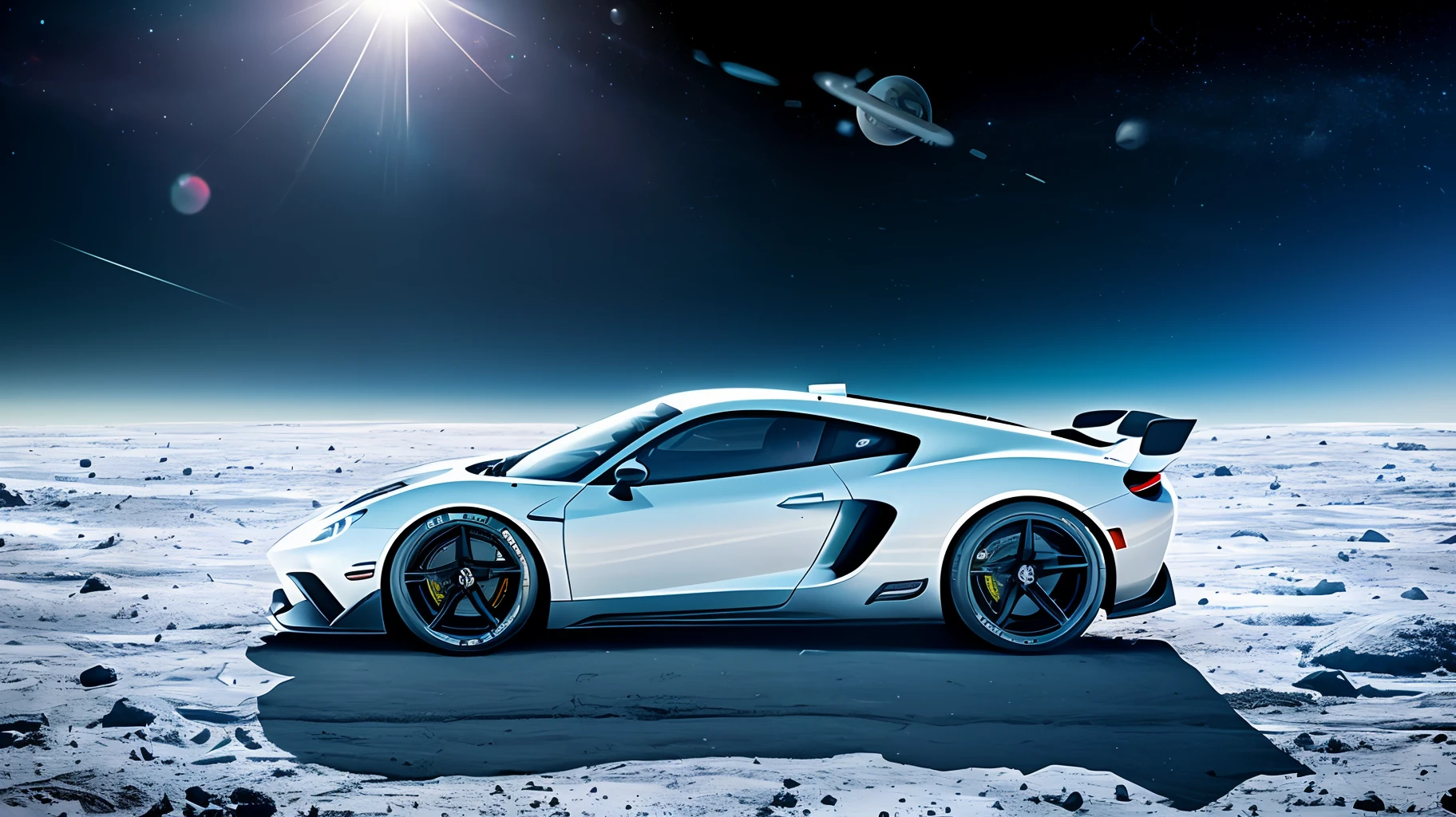 A super fast and super equipped sports car on a race track on the moon. The starry sky of icy space makes up the scene. The sun shines brightly with lens flare effects on the cemera lens. Realistic and hyper detailed photography, uhd, eye level