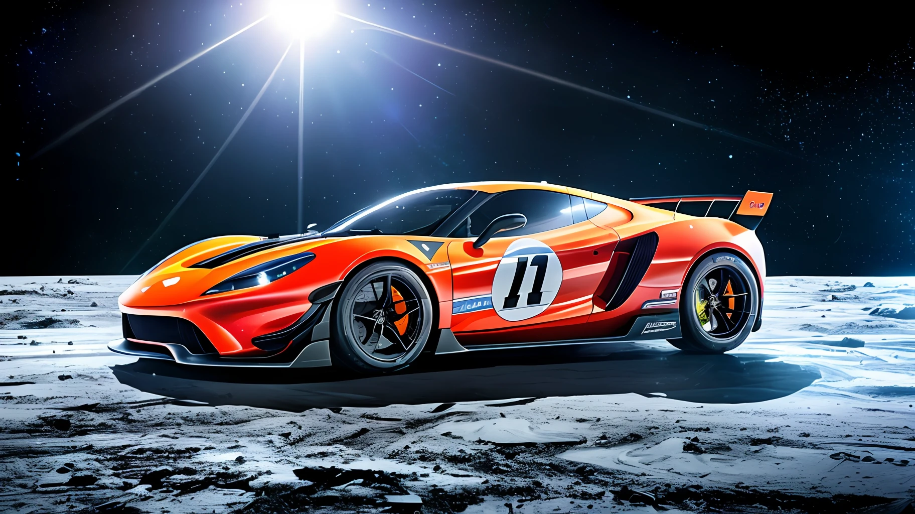 A super fast and super equipped sports car on a race track on the moon. The starry sky of icy space makes up the scene. The sun shines brightly with lens flare effects on the cemera lens. Realistic and hyper detailed photography, uhd, eye level