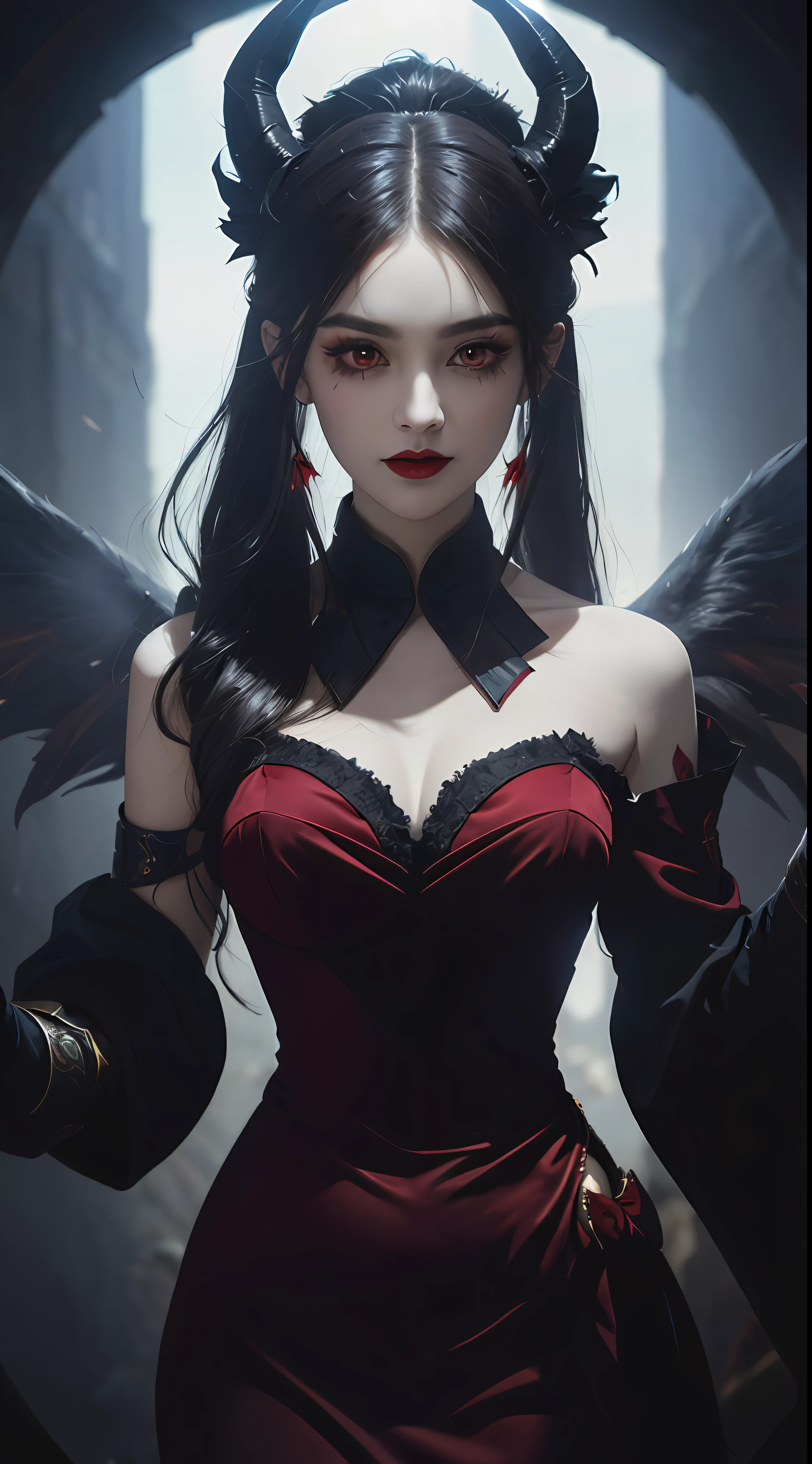 1 beautiful devil woman from hell, In the Dark: 1.6), surreal female portrait by David Hockney and Alphonse Mucha, fantasy art, korea doll, photorealism, dynamic lighting, artstation, poster, volumetric lighting, very detailed faces, 8k ultra, Awarded, in the dark, deep shadow, low key, cowboy lens, (Red phoenix dress: 1.4), long hair, black hair, bust, luxurious palace, Royal style, devil crown, red eyes make up very sharp and detailed, The most beautiful face, The breasts are very big and round and round, Super realistic, chinese women's clothing, polo neck sweater, Charming smile, The eyes are very well made up, guweiz, devil style, wearing black mesh socks, Ponytail with a bow tied at the back of the hair, Red black lips, Devil tattoo on shoulder, wearing a thin red and black robe, the landscape is overcast and thunderous, (Portrait), Close-up of the main character, (Background details 1.8),