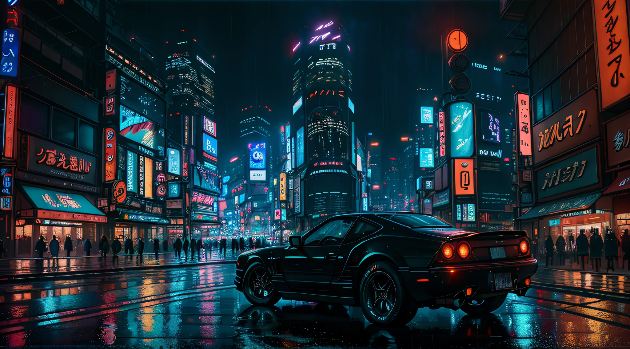 ((best quality)), ((masterpiece)), ((ultra realistic)), ((night time)), majestically detailed soft oil painting by jim lee, beautiful neon cyberpunk Tokyo, reflections, raining, crowded scifi city street, futuristic cars, night time, metallic, neon edge lighting, people, umbrellas, professional, skyscrapers, deep shadows, masterpiece, realistic, roughness, ultra realistic, photographed on a Canon EOS R5, 50mm lens, F/2.8, HDR, 8k resolution, highres, high detail, sharp focus, smooth, roughness, real life, photorealism, photography, 8k uhd,