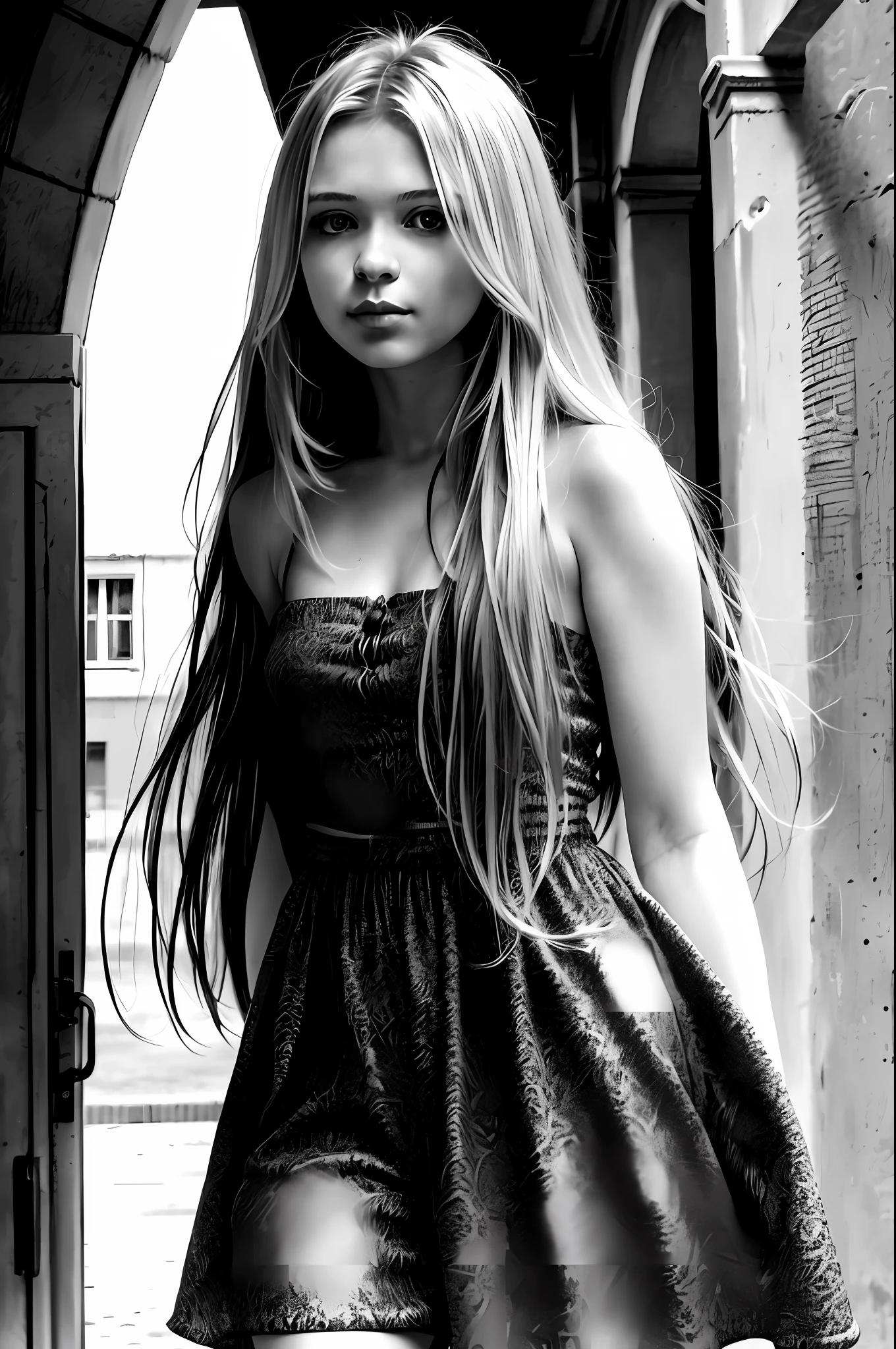 a portrait of a Russian girl with long blonde hair in the city Moscow