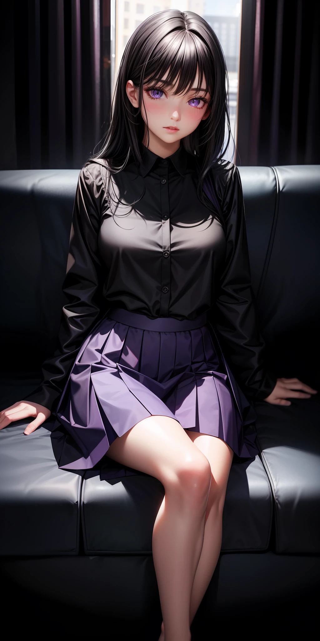 Realistic, 1girl, black hair, purple eyes, glowing eyes, suit, skirt, parted lips, blush, living room, sofa, night, very detailed