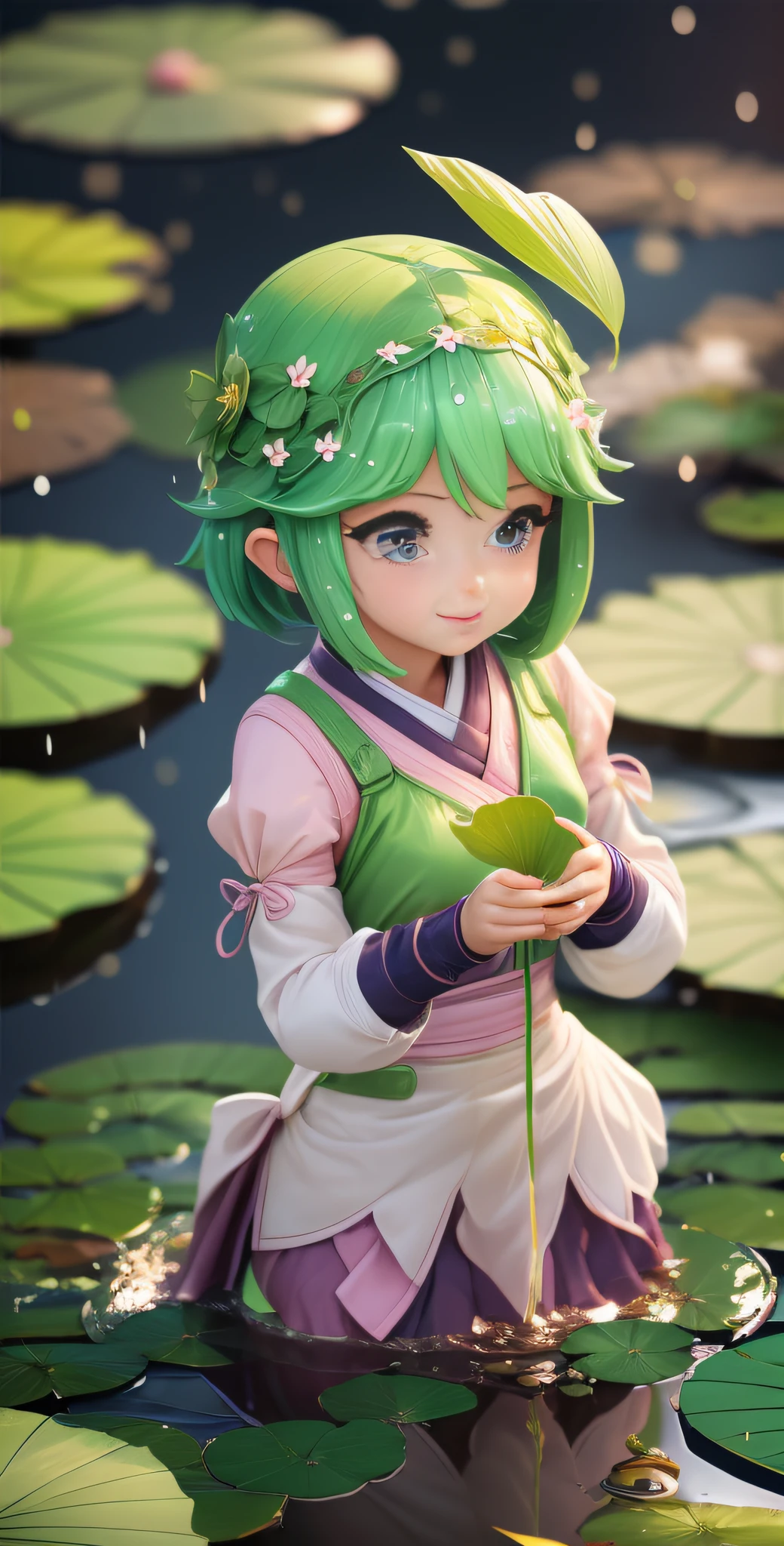Super cute girl, holding a lotus leaf, light rain, pond, super cute girl IP by pop mart, pastel color, mockup, blind box toy, fine luster, clean background, 3D render, oc render, best quality, 4k, ultra detoiled