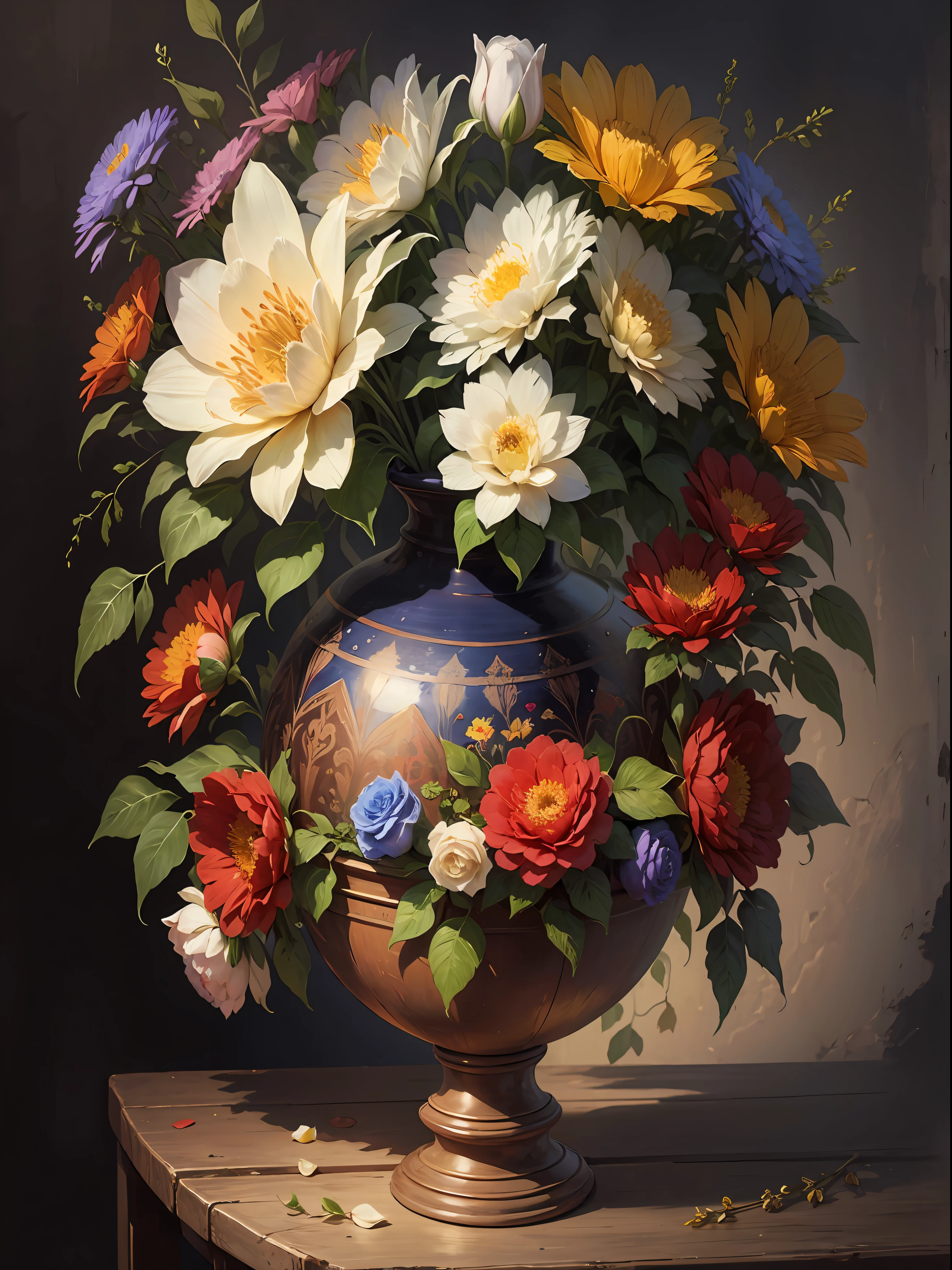 Gorgeous vase with exotic flowers, image painted in oil paint by a talented painter, superior quality masterpiece, centered image without any cutting at the edges