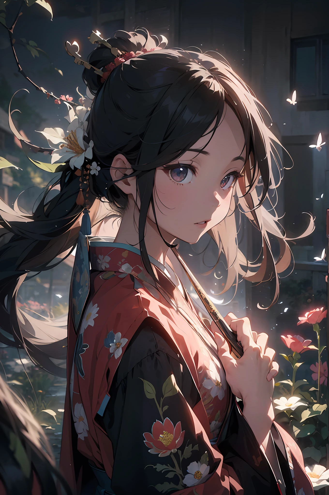 Masterpiece, high quality, highly detailed, (pixiv:1.4), Gongbi painting of the Song Dynasty, 1girl, solo, (detailed background, flowers), long black hair, floating hair, glowing,
cinematic lighting, vivid color, beautifully drawn,