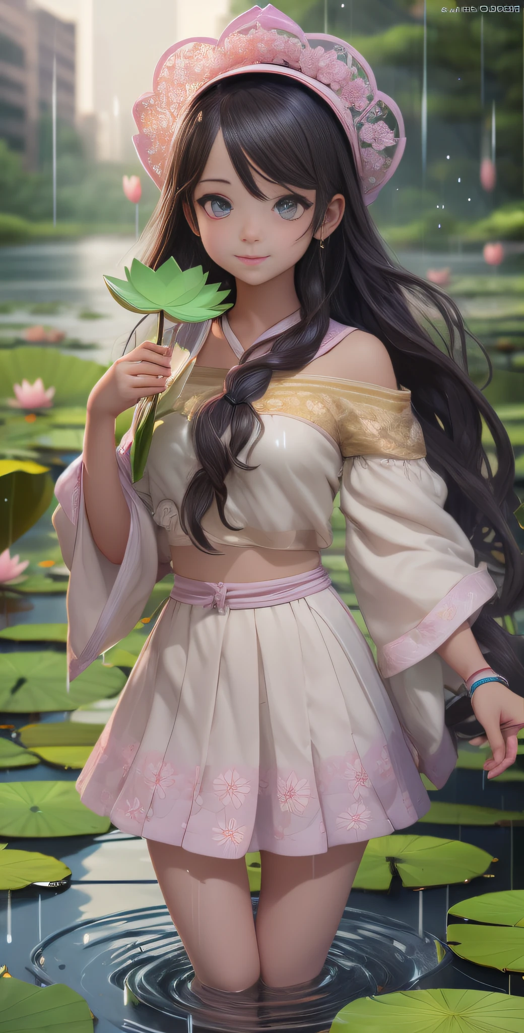 Super cute girl, holding a lotus leaf, light rain, pond, super cute girl IP by pop mart, pastel color, mockup, blind box toy, fine luster, clean background, 3D render, oc render, best quality, 4k, ultra detoiled