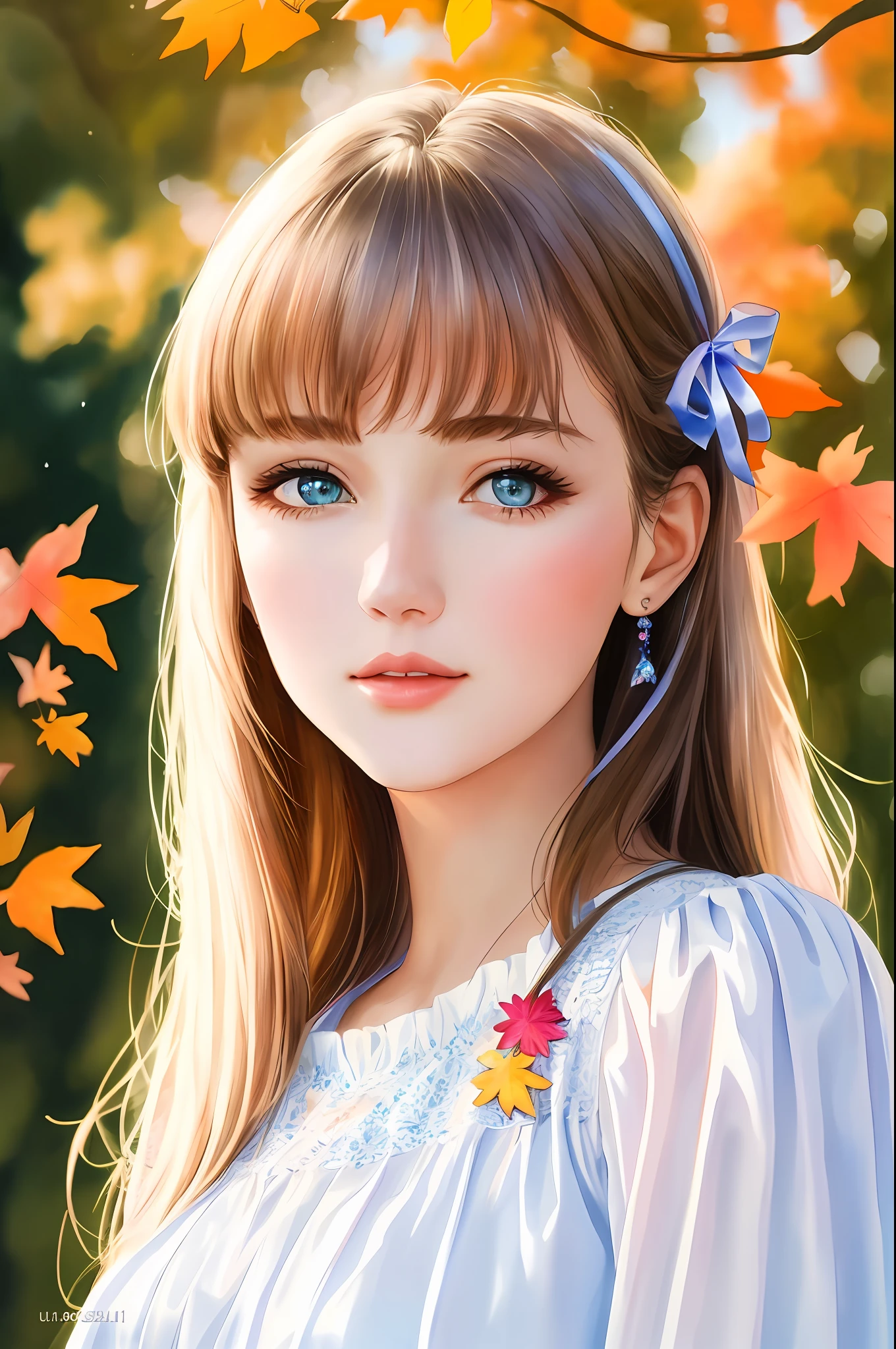 (8K, Best Quality, Masterpiece: 1.2), (Best Quality: 1.0), (Ultra High Definition: 1.0), Watercolor, Beautiful Woman, Shining Eyes, Shoulders, Hair Ribbon, Agnes Cecil, Half-Body Portrait, Very Bright Bright Design, Pastel Colors, (Ink: 1.3), Autumn Light,